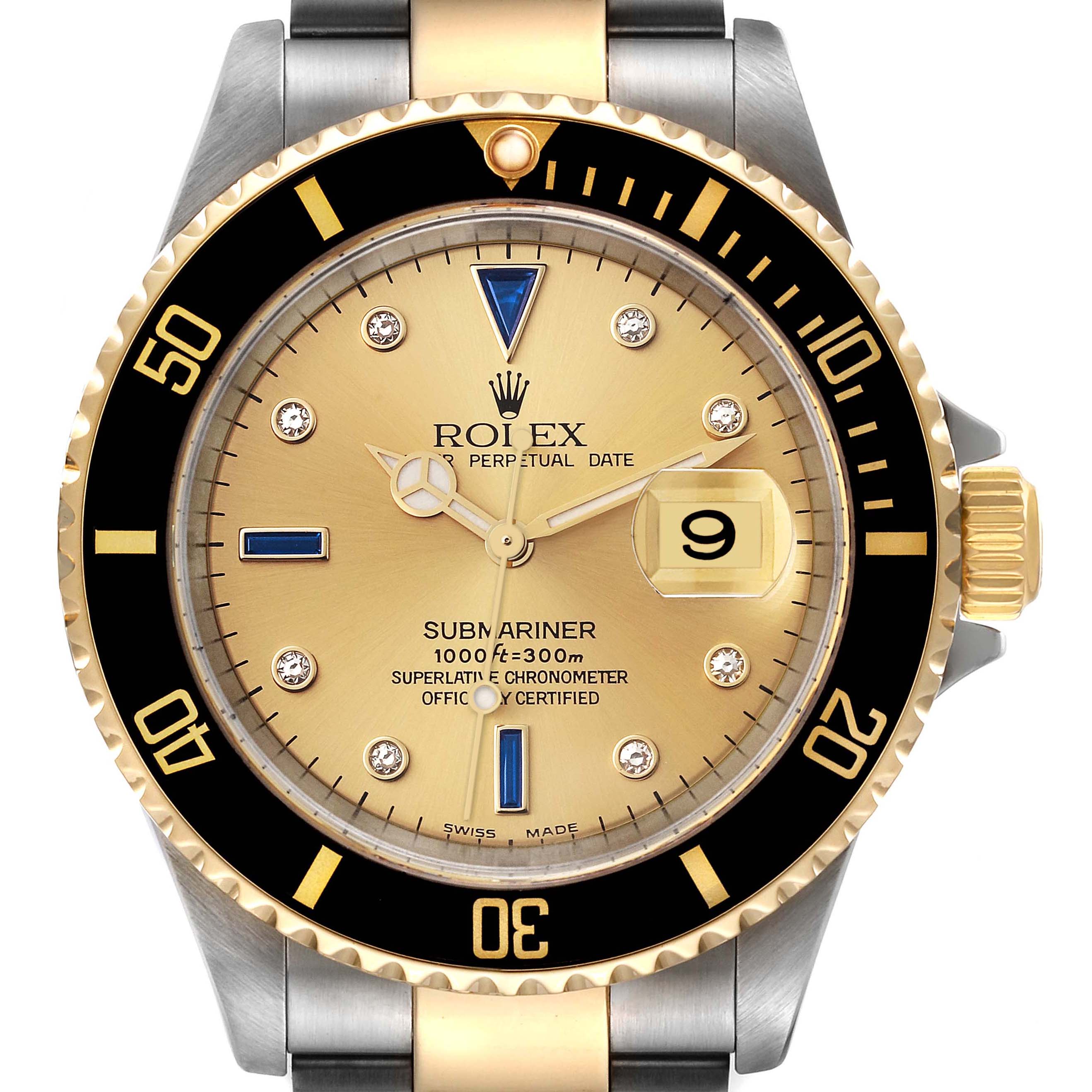 This is a close-up of the Rolex Submariner 16613 Men's Steel and Gold (two tone) Champagne Dial 16613 Men's Steel and Gold (two tone) Champagne Dial watch face, showing the dial, bezel, and part of the bracelet.