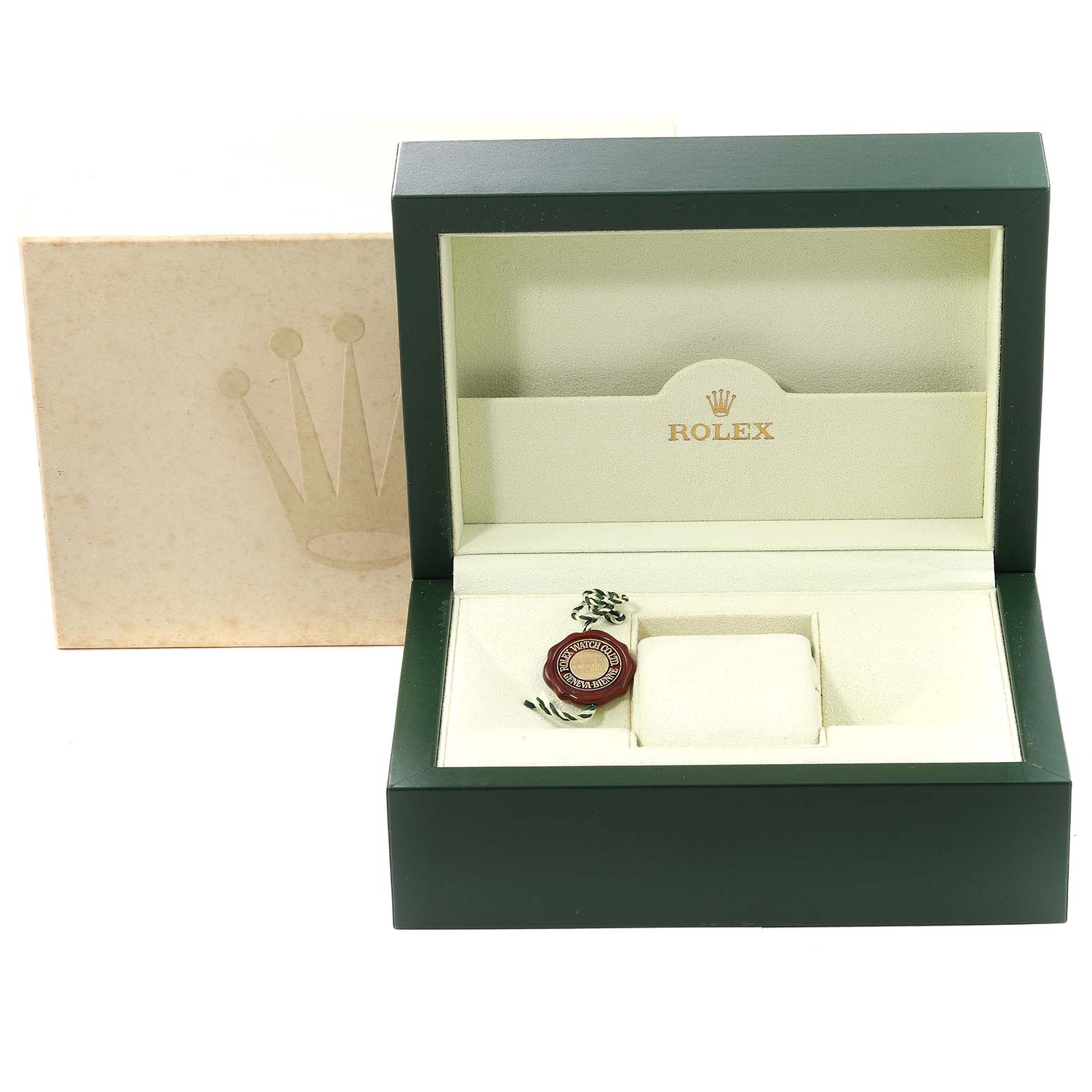 The image shows the opened packaging box for a Rolex Submariner 16613 Men's Steel and Gold (two tone) Champagne Dial 16613 Men's Steel and Gold (two tone) Champagne Dial watch, including a tag and cushion.