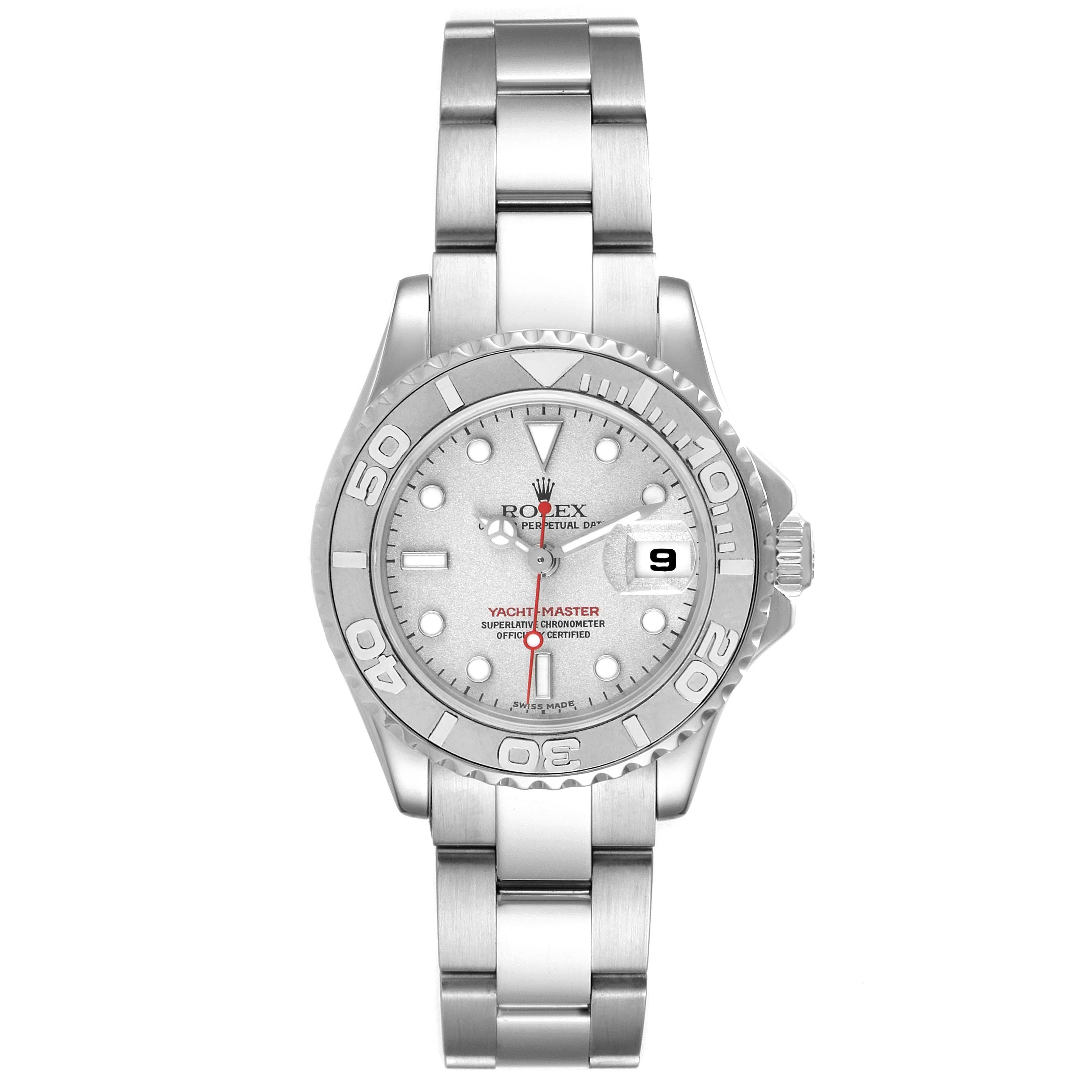 The image shows a frontal view of a Rolex Yacht-Master 169622 Women's Stainless Steel Silver Dial 169622 Women's Stainless Steel Silver Dial watch, featuring the dial, bezel, and bracelet.
