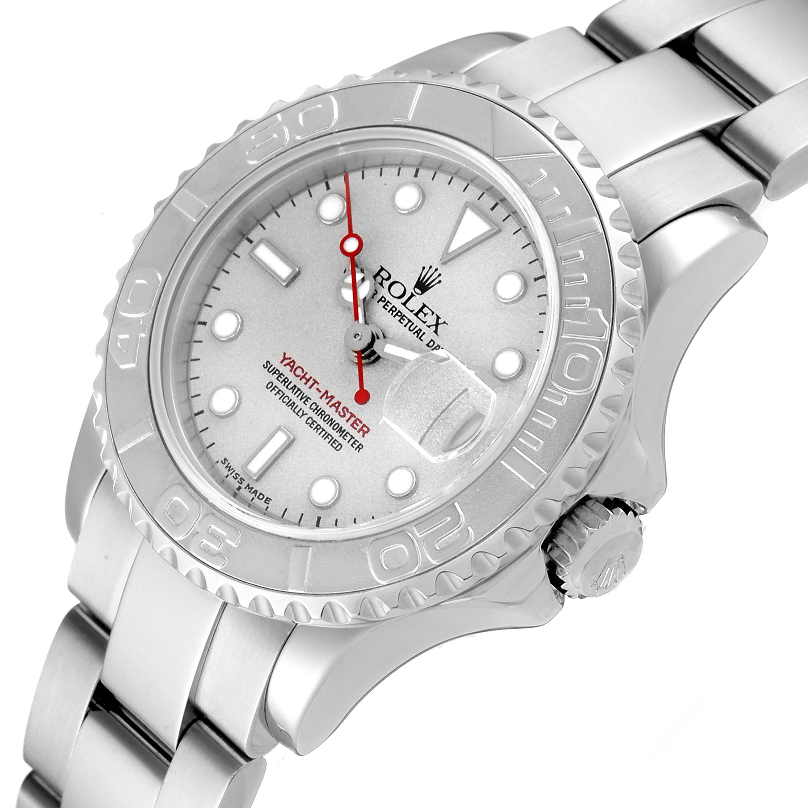 The image shows a Rolex Yacht-Master 169622 Women's Stainless Steel Silver Dial 169622 Women's Stainless Steel Silver Dial watch at a slight angle, highlighting the face, bezel, crown, and part of the bracelet.