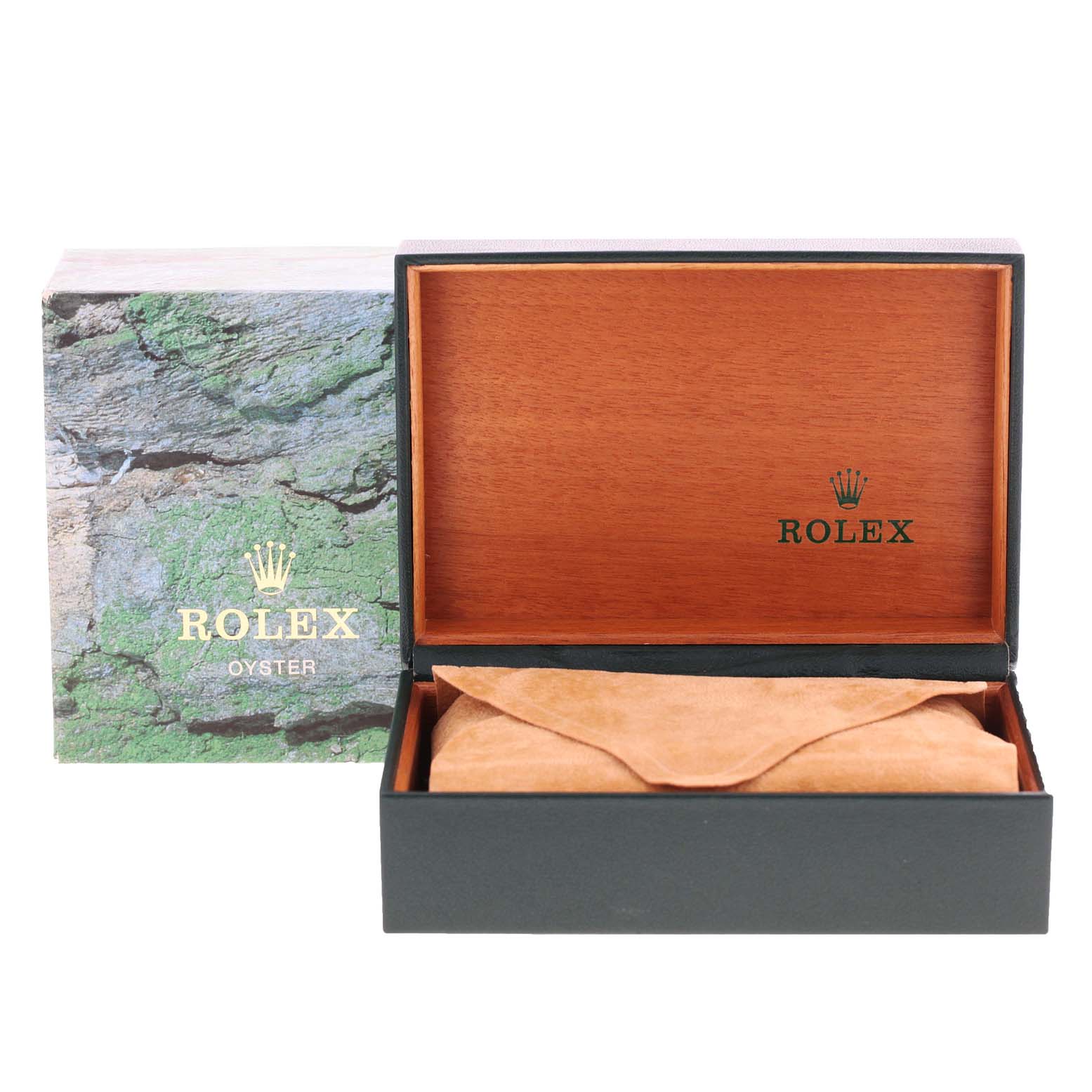 This image shows the open watch box for a Rolex Yacht-Master 169622 Women's Stainless Steel Silver Dial 169622 Women's Stainless Steel Silver Dial, with an exterior sleeve and an interior protective pouch.