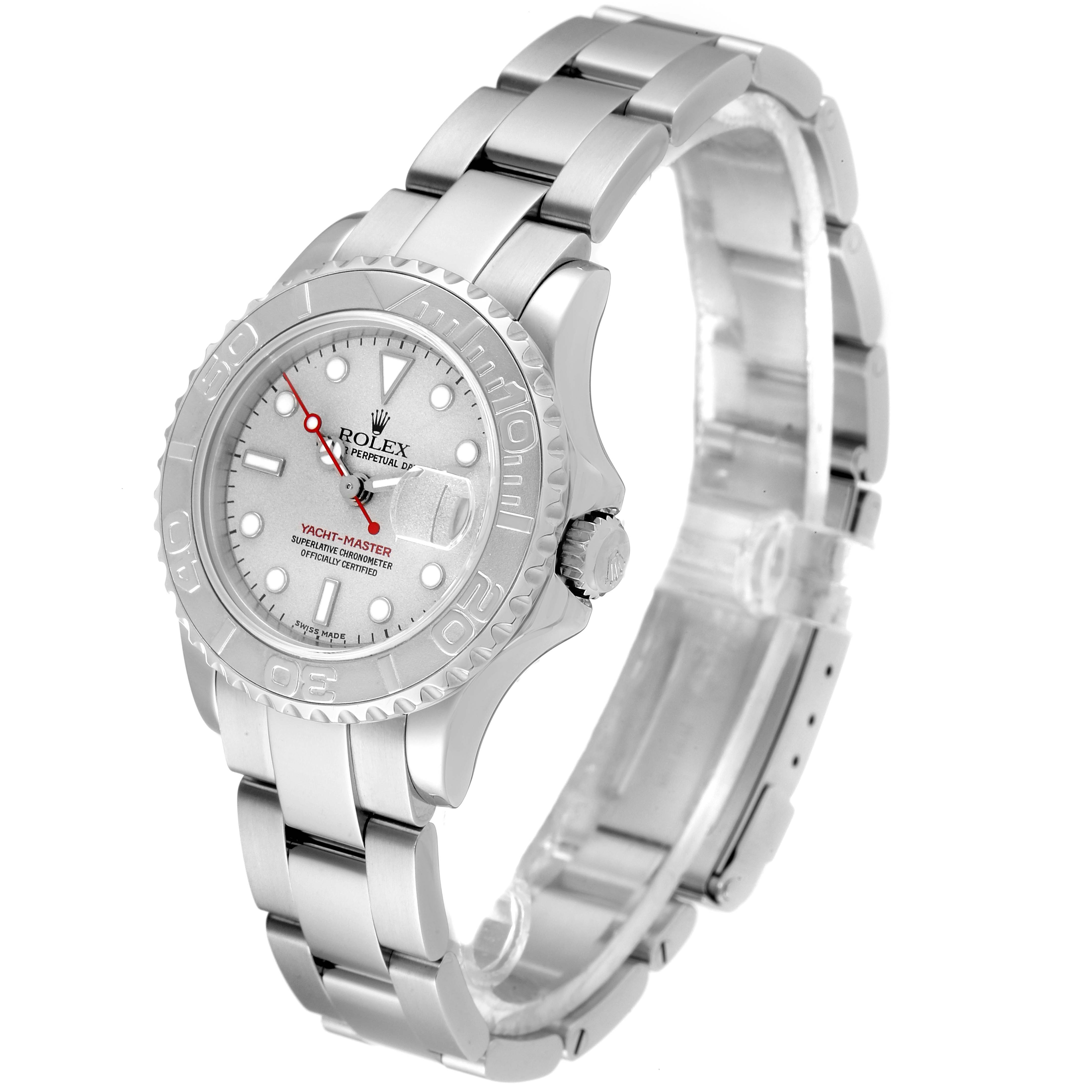 The Rolex Yacht-Master 169622 Women's Stainless Steel Silver Dial 169622 Women's Stainless Steel Silver Dial watch is displayed at an angled view, showcasing its dial, bezel, bracelet, and crown.