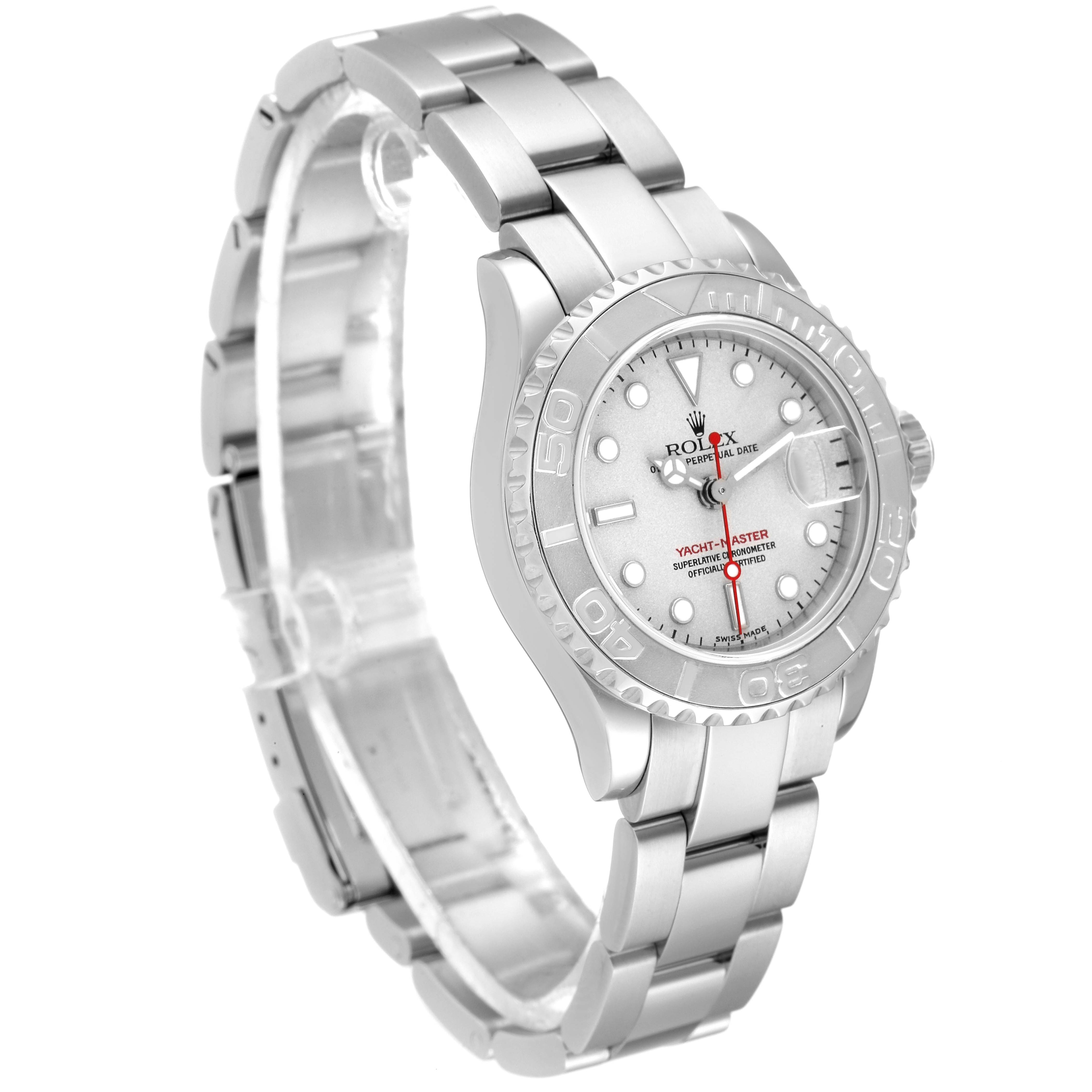 This Rolex Yacht-Master 169622 Women's Stainless Steel Silver Dial 169622 Women's Stainless Steel Silver Dial watch is shown at a three-quarter angle, displaying the bracelet, bezel, and dial.