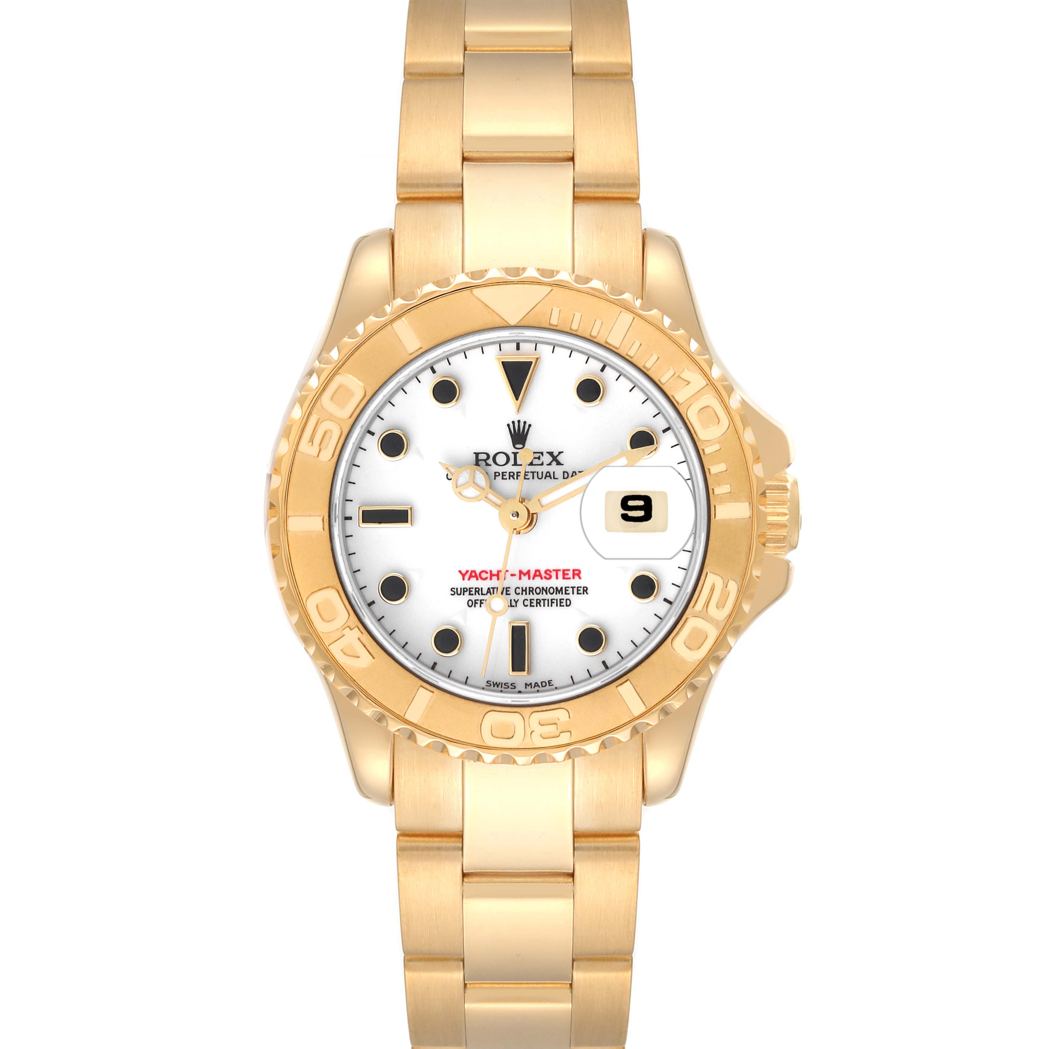 The Rolex Yacht-Master 69628 Women's Yellow Gold White Dial 69628 Women's Yellow Gold White Dial watch is shown from the front, featuring its gold bracelet, dial, and bezel with a date window.