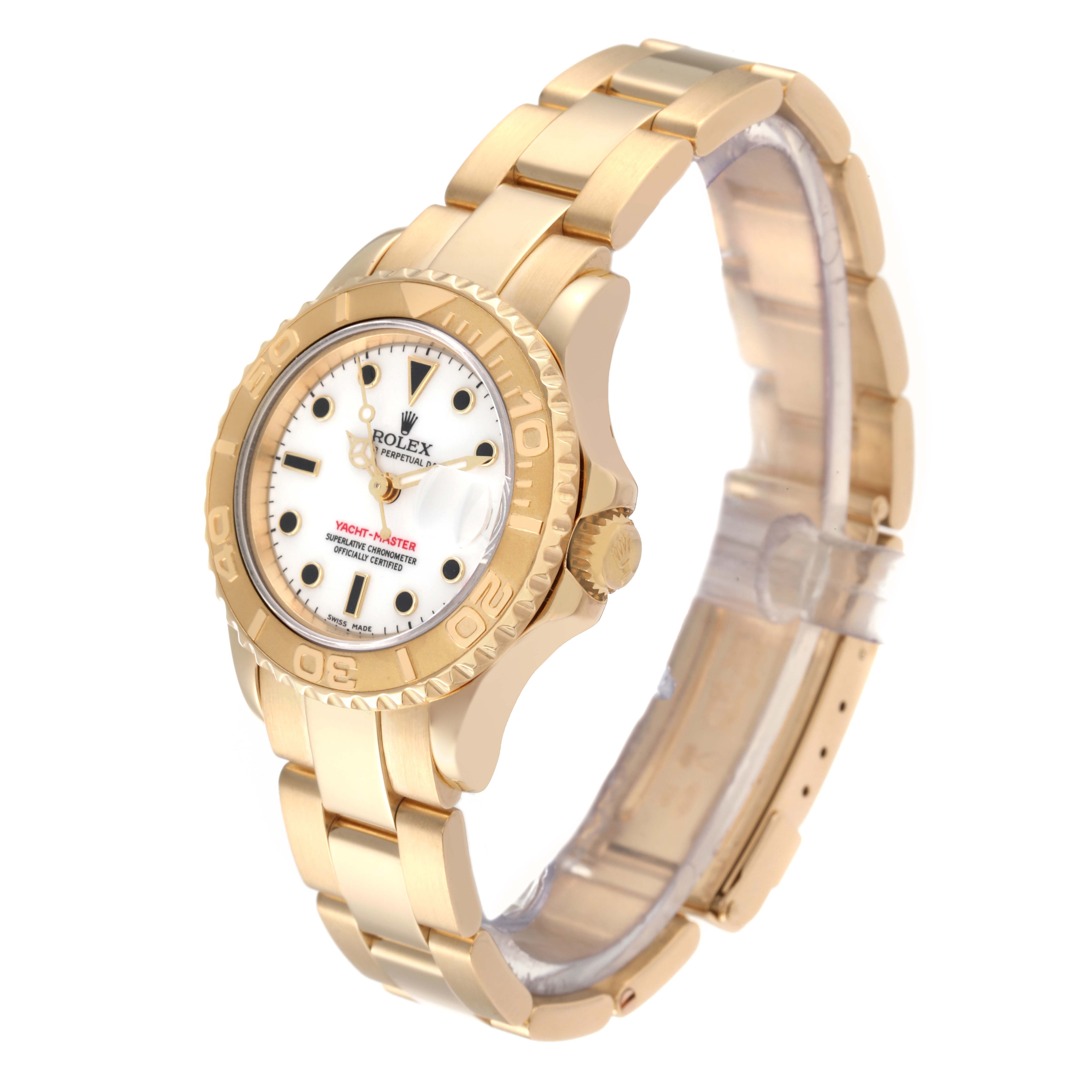 This image shows a side angle of a Rolex Yacht-Master 69628 Women's Yellow Gold White Dial 69628 Women's Yellow Gold White Dial watch, highlighting its gold case, bezel, bracelet, and white dial.