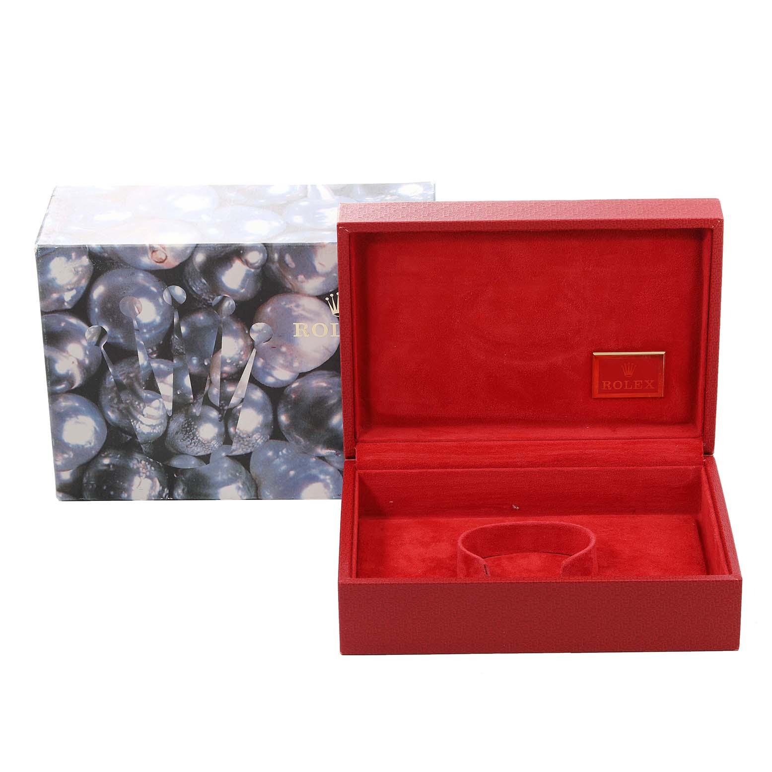 This image shows an open Rolex Yacht-Master 69628 Women's Yellow Gold White Dial 69628 Women's Yellow Gold White Dial red watch box alongside its decorative outer box with a pearl design.