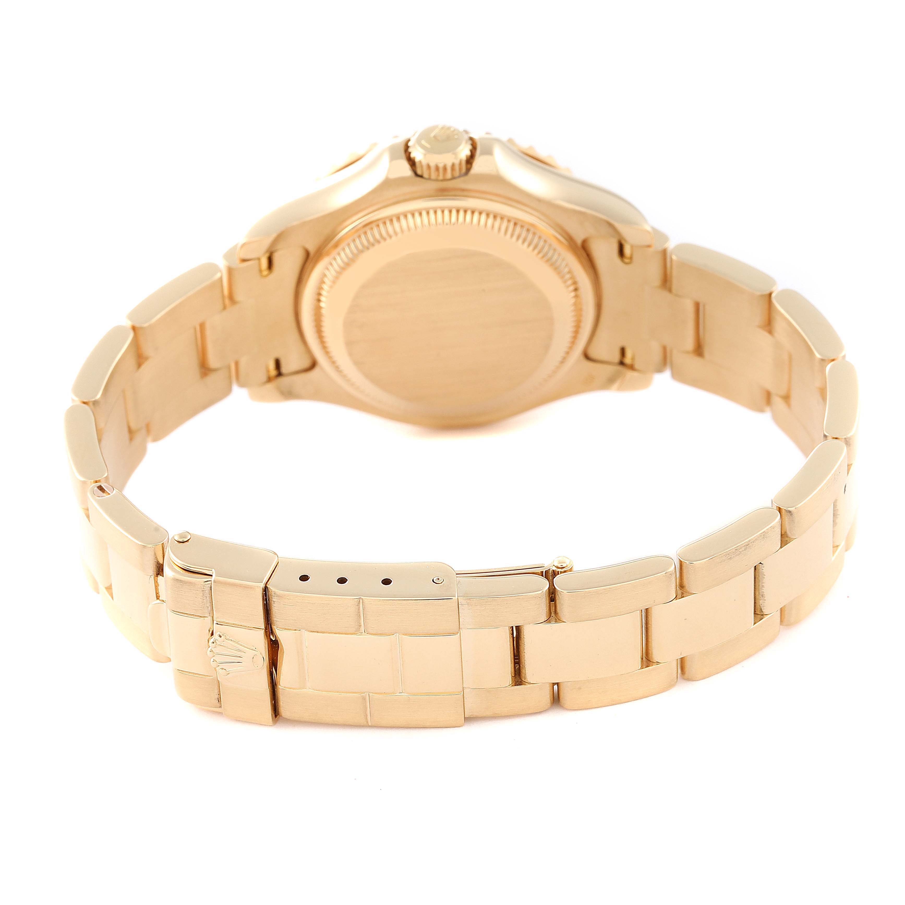 The image shows the back and bracelet of a Rolex Yacht-Master 69628 Women's Yellow Gold White Dial 69628 Women's Yellow Gold White Dial watch, highlighting the clasp and caseback.