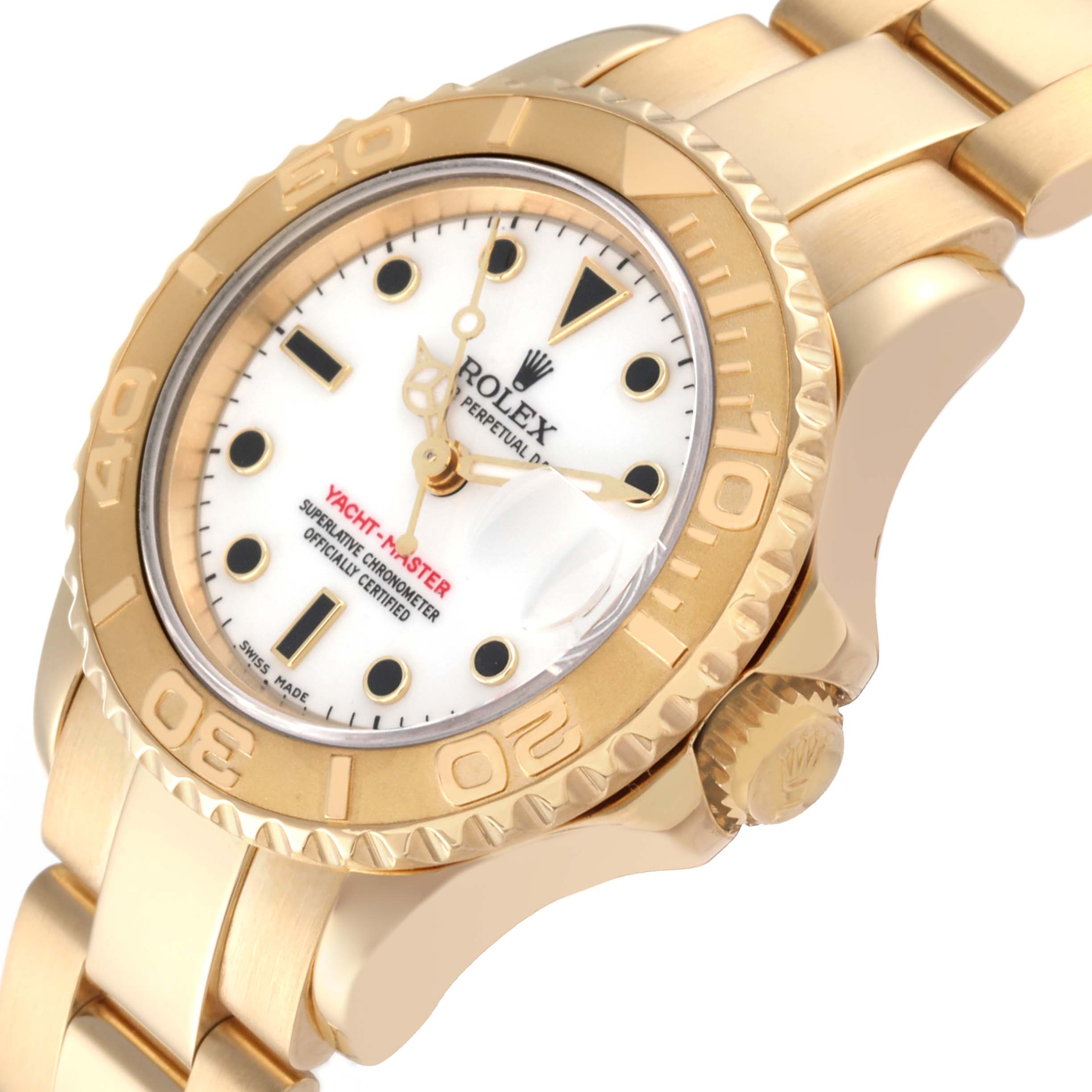 The image shows a side angle of the Rolex Yacht-Master 69628 Women's Yellow Gold White Dial 69628 Women's Yellow Gold White Dial watch, highlighting the dial, bezel, crown, and part of the bracelet.