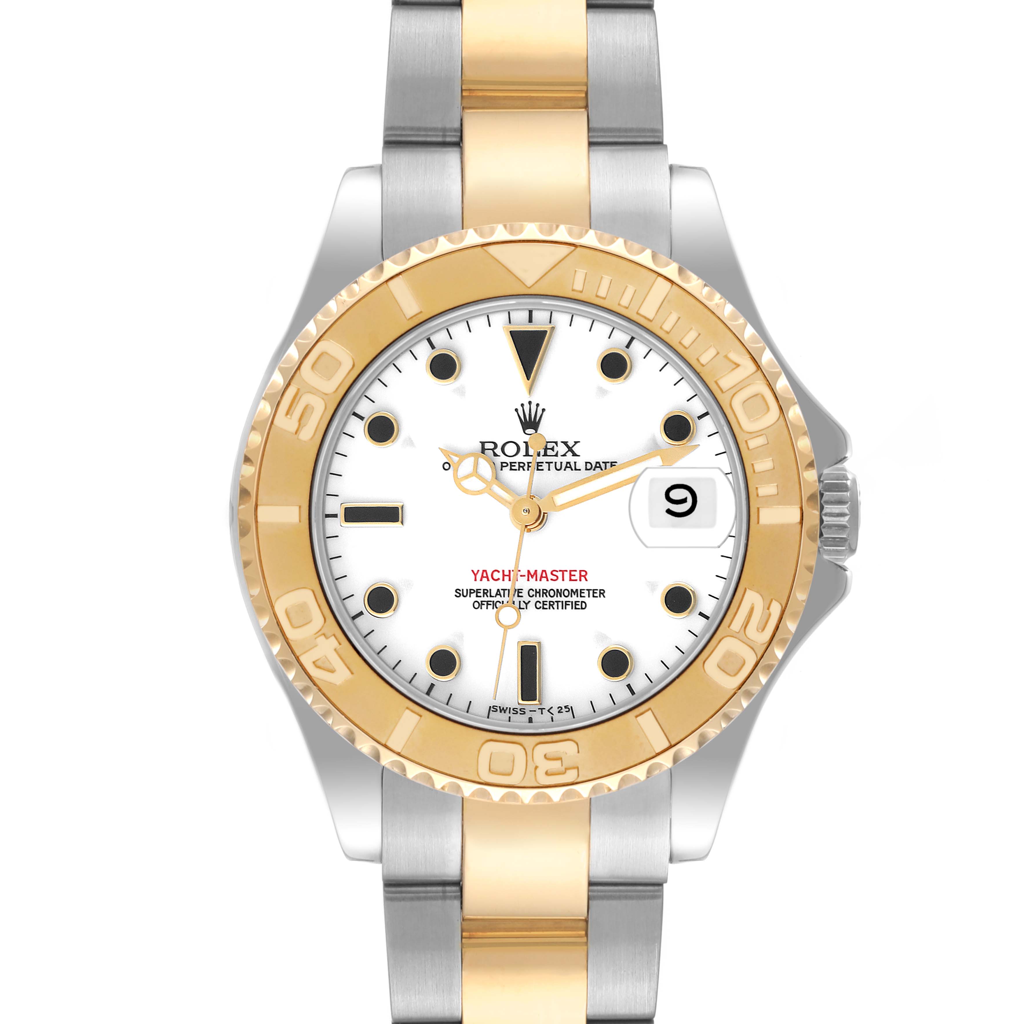 The image shows a Rolex Yacht-Master 68623 Men
s Steel and Gold (two tone) White Dial 68623 Men
s Steel and Gold (two tone) White Dial watch from a front angle, displaying the dial, bezel, and band clearly.