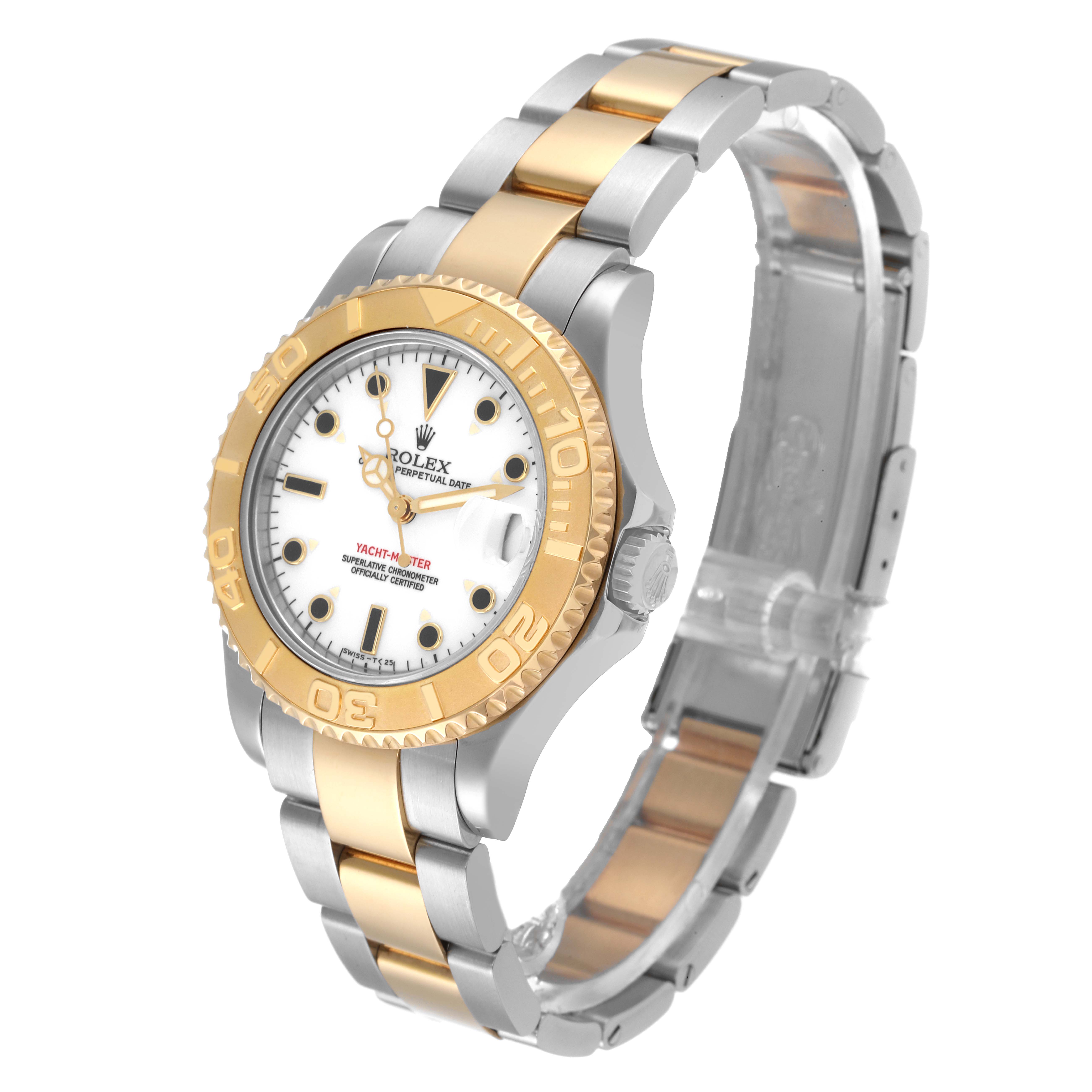 The image shows a Rolex Yacht-Master 68623 Men
s Steel and Gold (two tone) White Dial 68623 Men
s Steel and Gold (two tone) White Dial watch at an angle displaying its face, bezel, and bracelet.