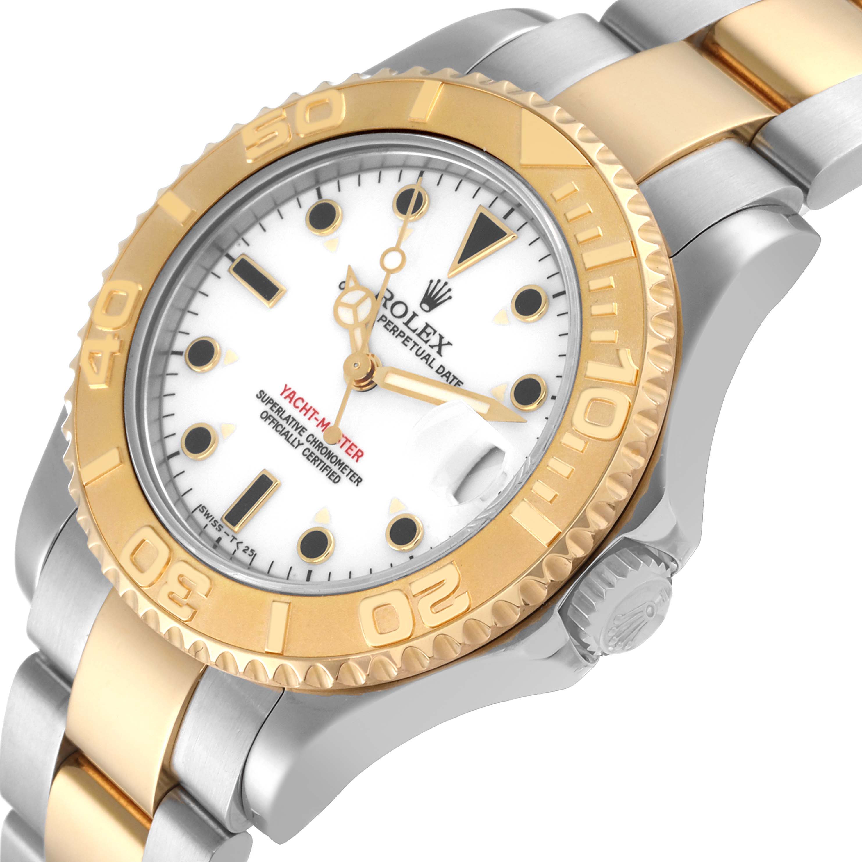 The image shows a Rolex Yacht-Master 68623 Men
s Steel and Gold (two tone) White Dial 68623 Men
s Steel and Gold (two tone) White Dial watch from a slight angled view, highlighting the dial, bezel, and part of the bracelet.