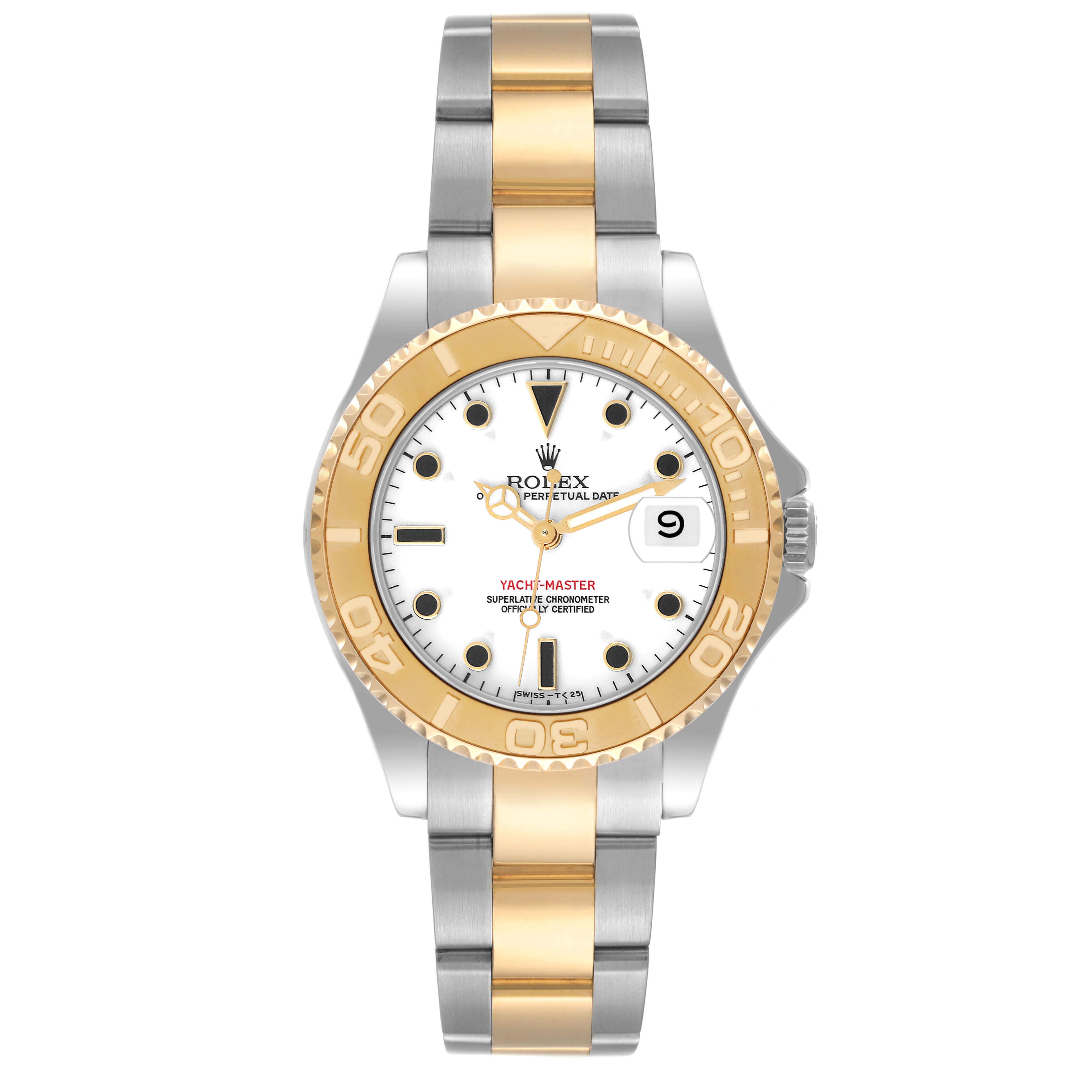 The image shows a front view of a Rolex Yacht-Master 68623 Men
s Steel and Gold (two tone) White Dial 68623 Men
s Steel and Gold (two tone) White Dial watch featuring a bi-color bracelet and a bezel with gold accents.