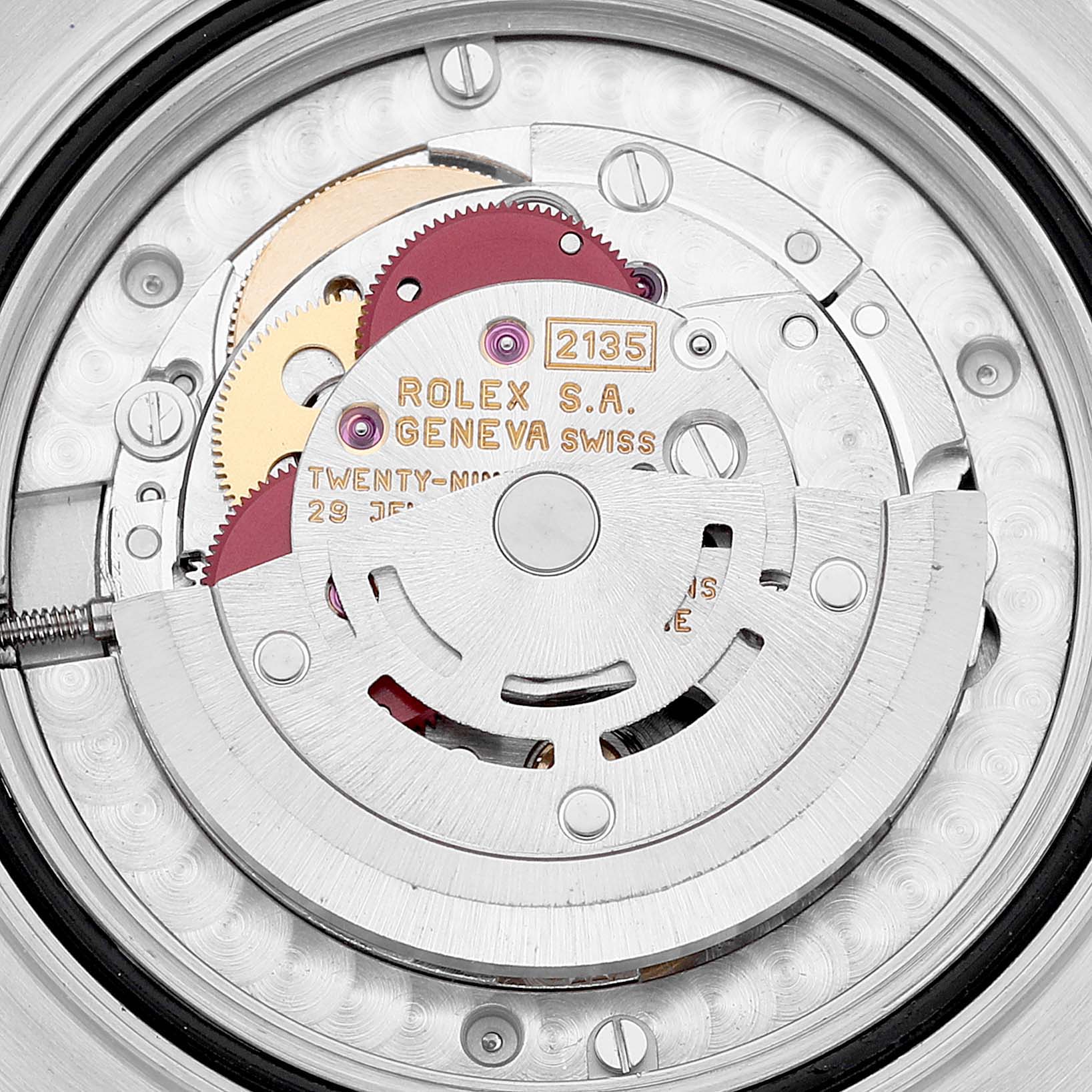 This close-up image shows the intricate inner movement mechanism of the Rolex Yacht-Master 68623 Men
s Steel and Gold (two tone) White Dial 68623 Men
s Steel and Gold (two tone) White Dial watch.