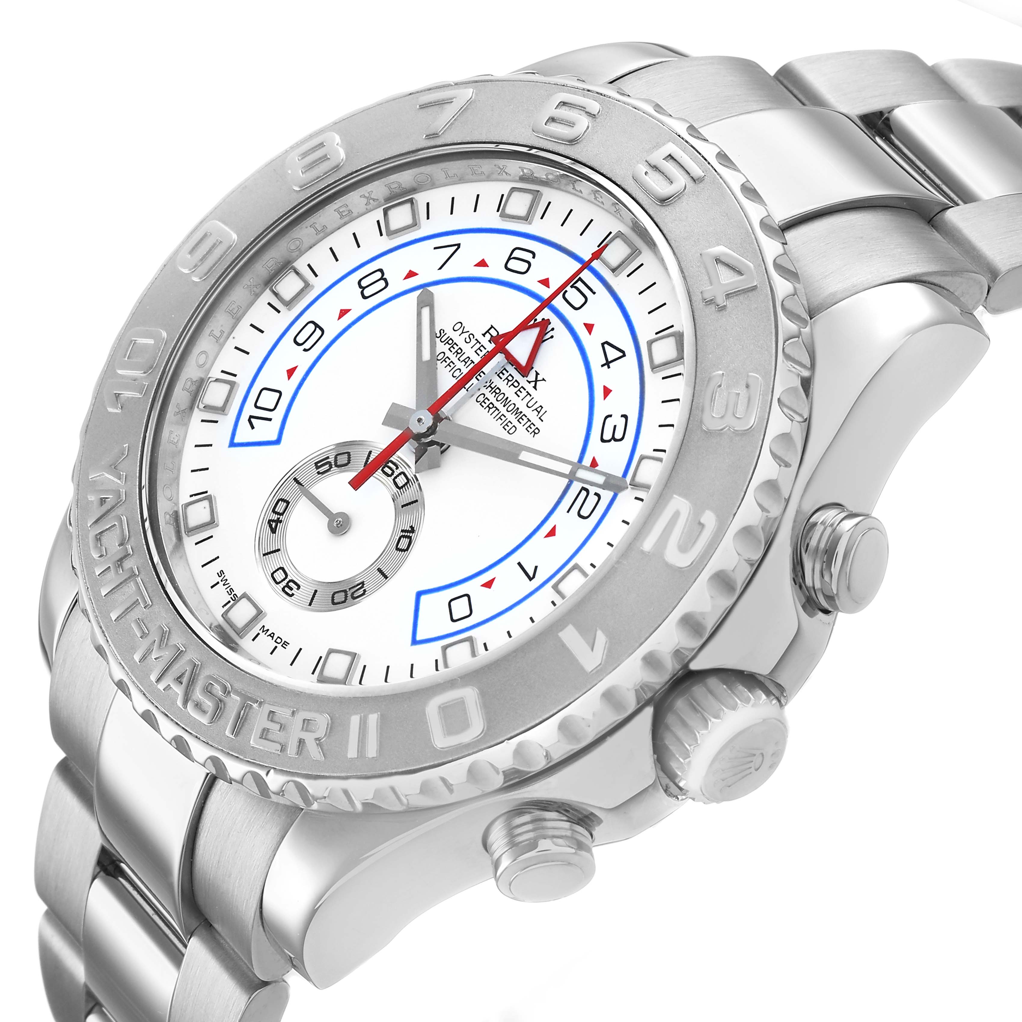 The Rolex Yacht-Master 116689 Men's White Gold White Dial watch is shown at a slight side angle, highlighting the bezel, face, crown, and bracelet.
