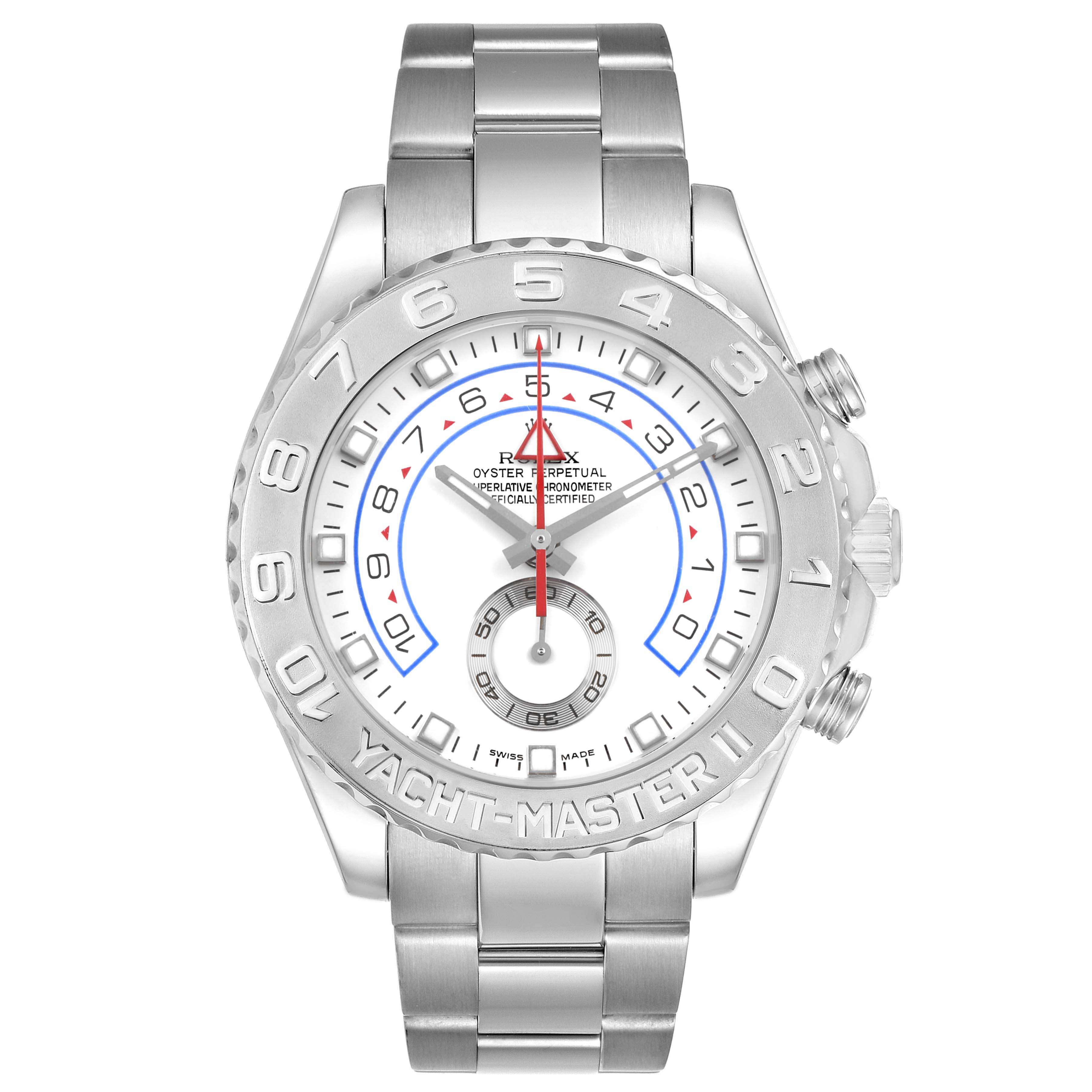 The Rolex Yacht-Master 116689 Men's White Gold White Dial is shown from the front, displaying the face, bezel, and part of the bracelet.