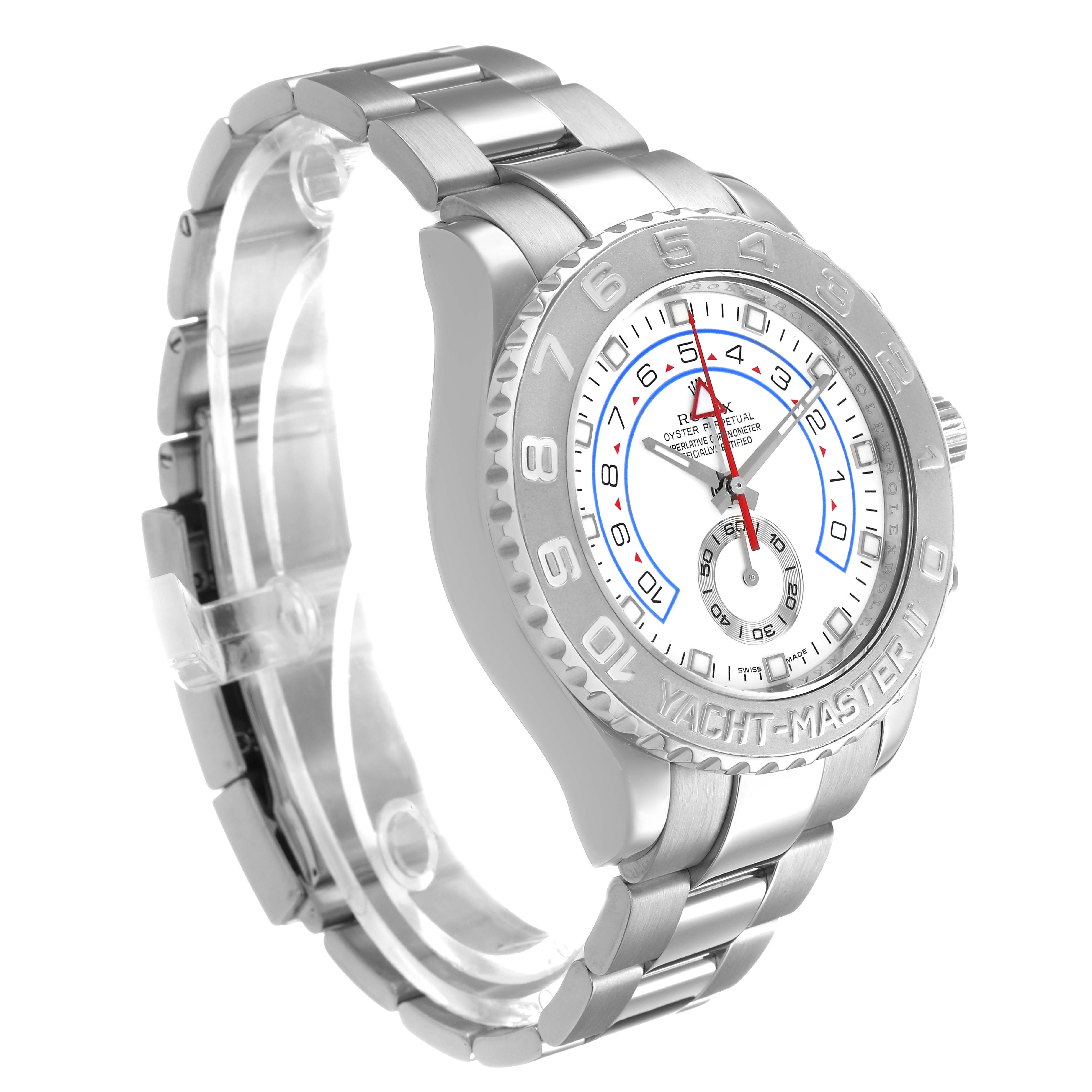 The image shows a Rolex Yacht-Master 116689 Men's White Gold White Dial watch at a three-quarter angle, highlighting the bezel, dial, and bracelet.