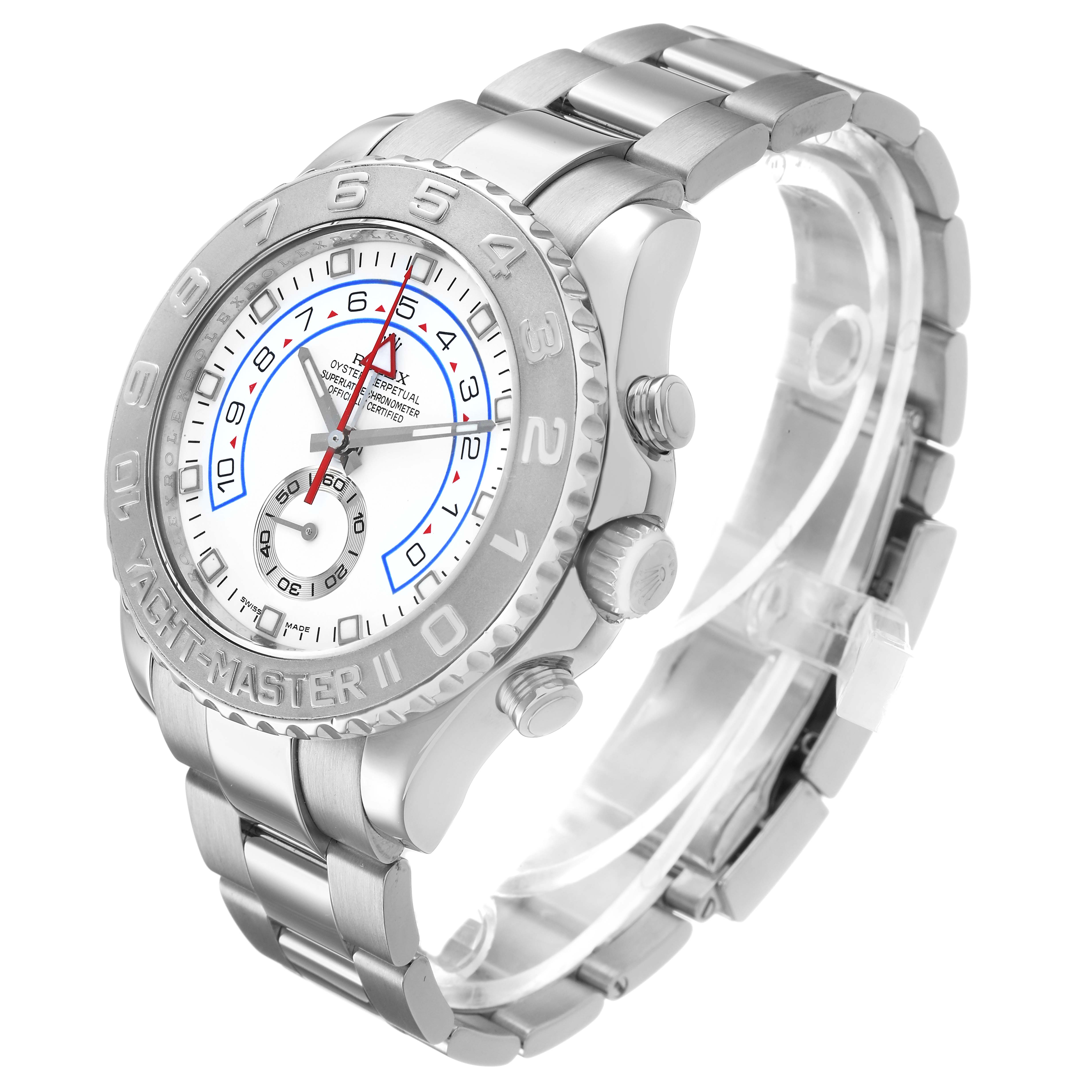 The Rolex Yacht-Master 116689 Men's White Gold White Dial watch is shown at a three-quarter angle, highlighting the bezel, dial, and bracelet.