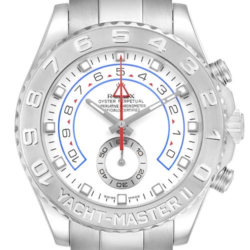 The image shows a Rolex Yacht-Master 116689 Men's White Gold White Dial watch, captured from the front, highlighting the face, bezel, and crown.