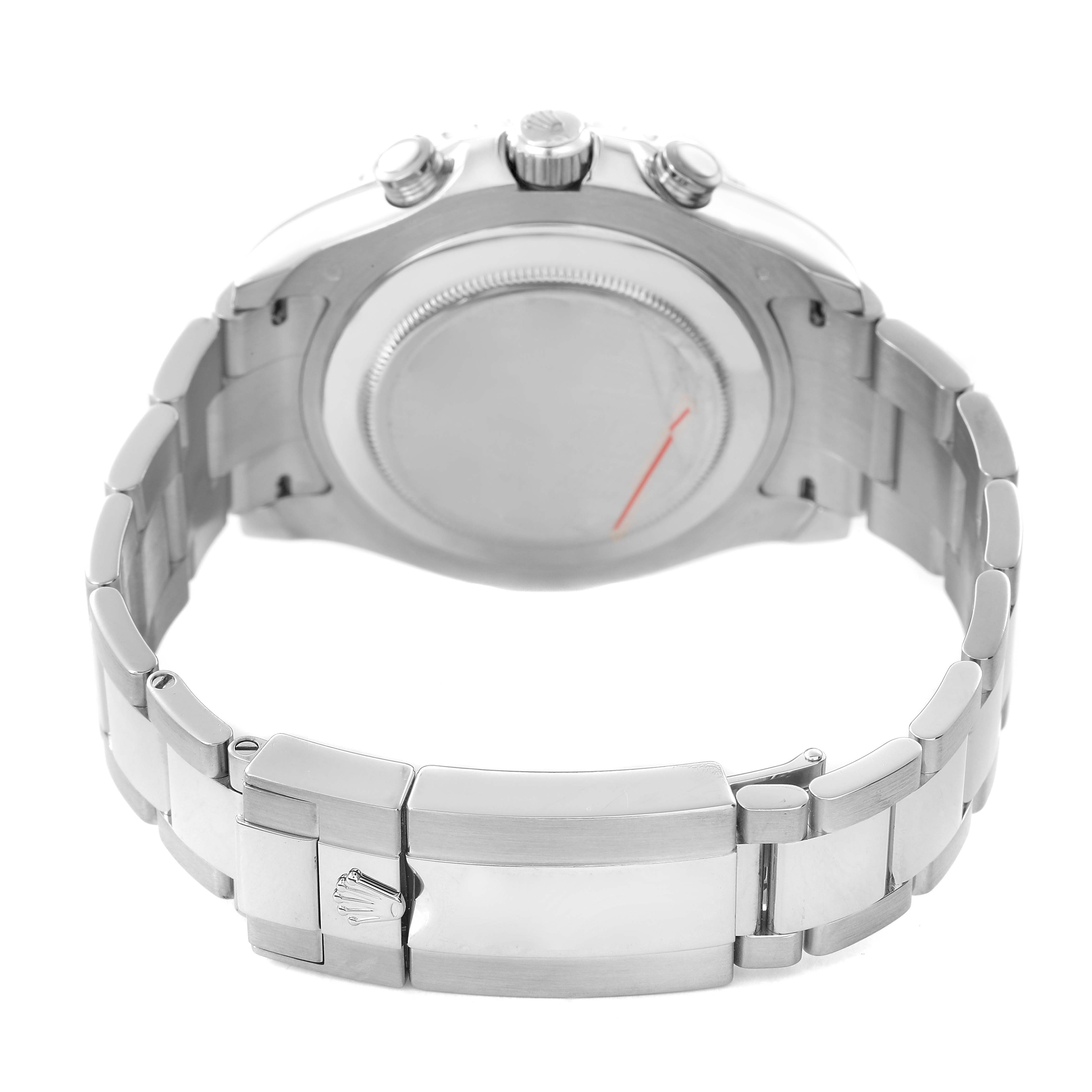 The image shows the back of a Rolex Yacht-Master 116689 Men's White Gold White Dial watch, highlighting the case back, bracelet, and clasp.