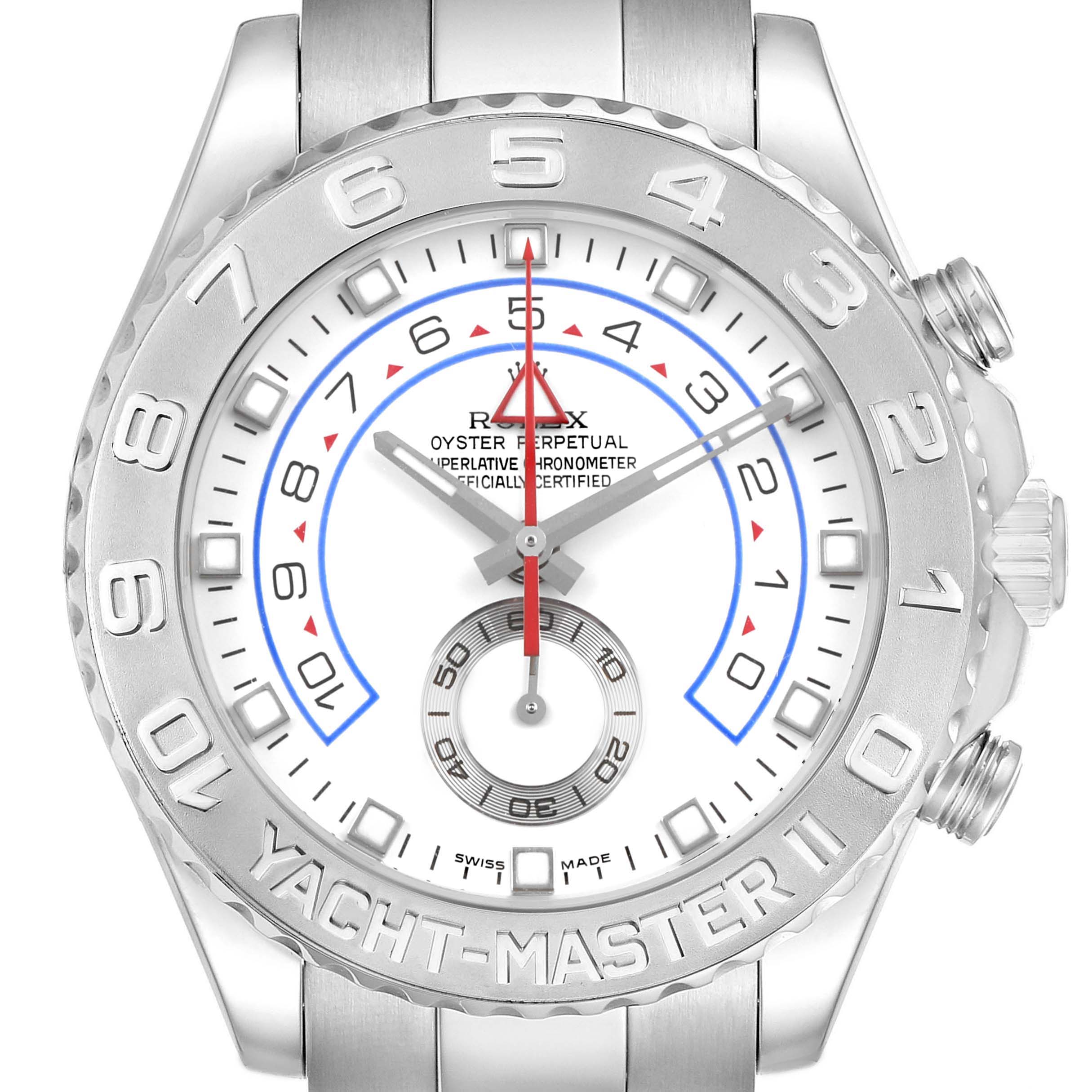 The Rolex Yacht-Master 116689 Men's White Gold White Dial model is shown from a top-down angle, highlighting the dial, bezel, and part of the bracelet.