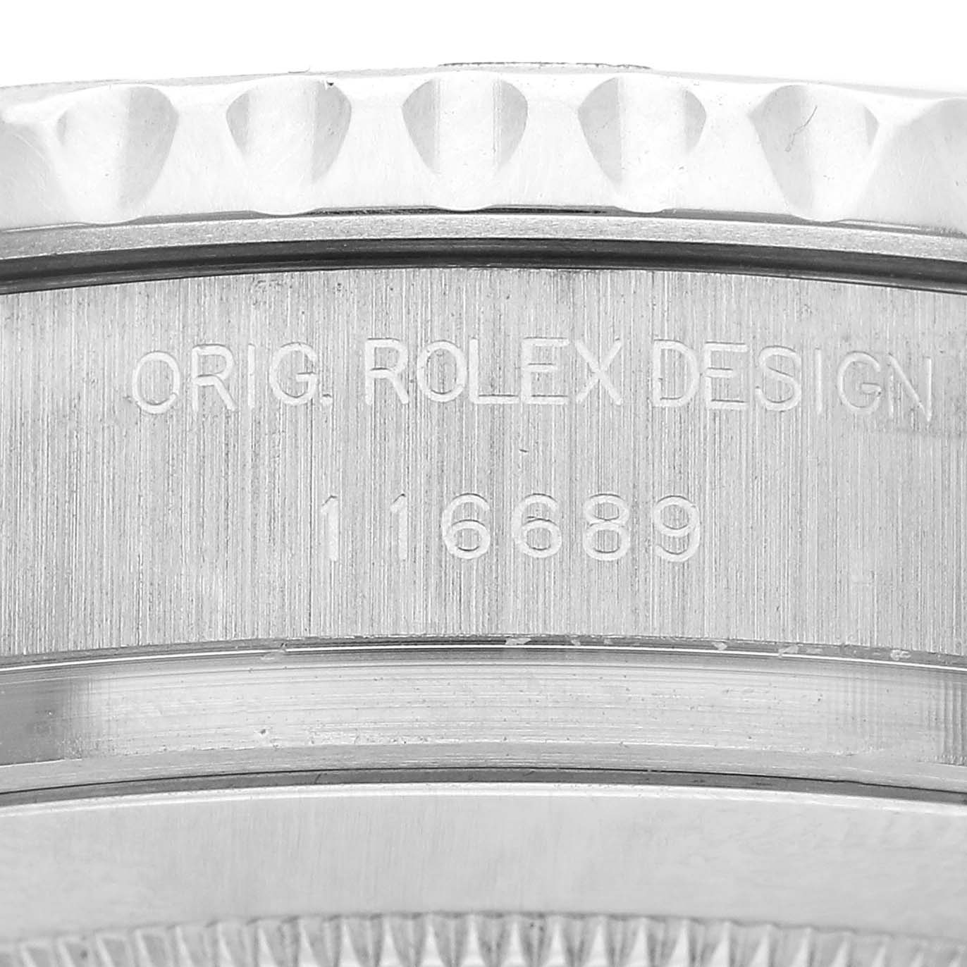 The image shows a close-up of the bezel and side engraving on the Rolex Yacht-Master 116689 Men's White Gold White Dial, displaying "ORIG. ROLEX DESIGN" and "116689."