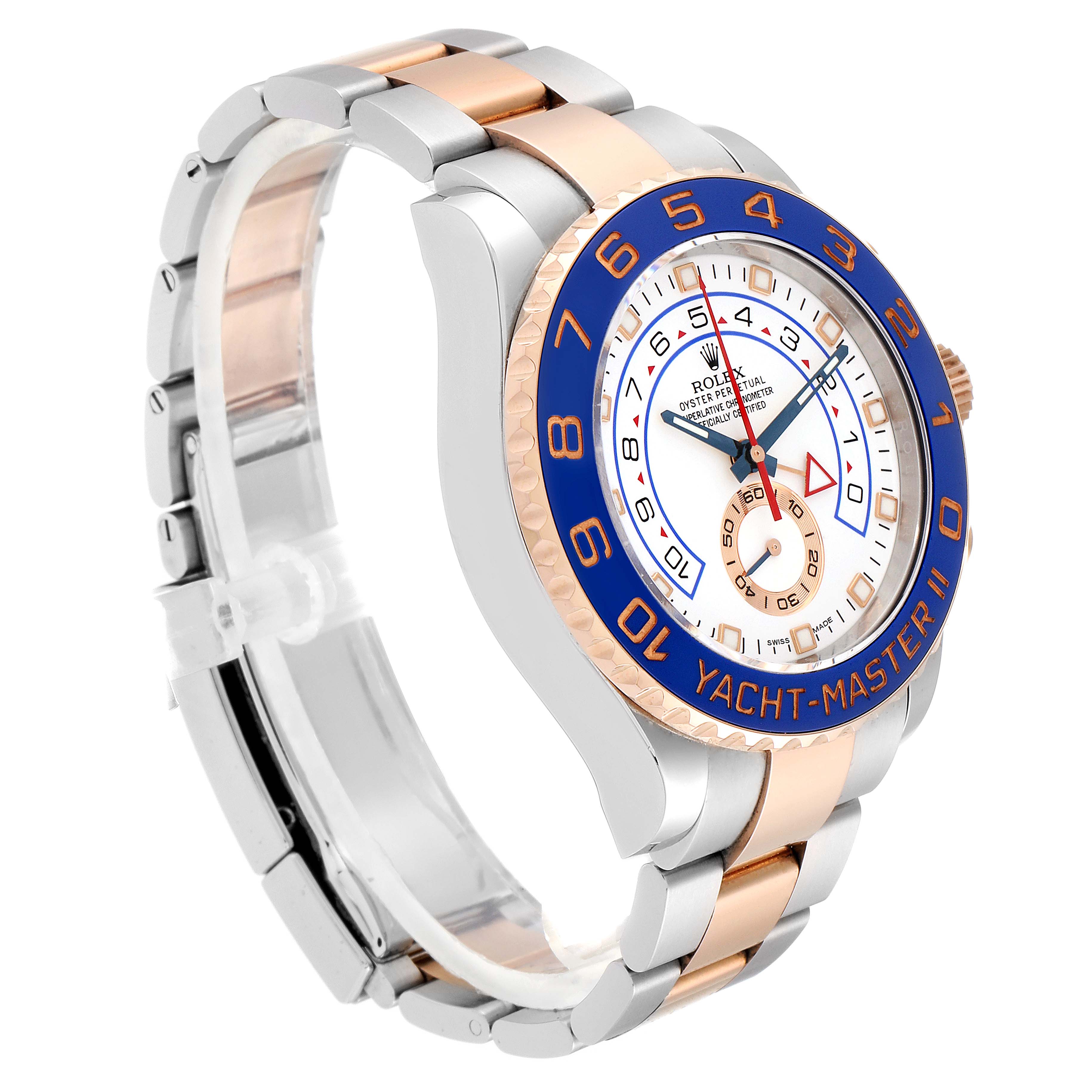 The image shows a Rolex Yacht-Master 116681 Men's Steel and Gold (two tone) White Dial 116681 Men's Steel and Gold (two tone) White Dial watch from an angled side view, highlighting the watch face, bezel, and bracelet.
