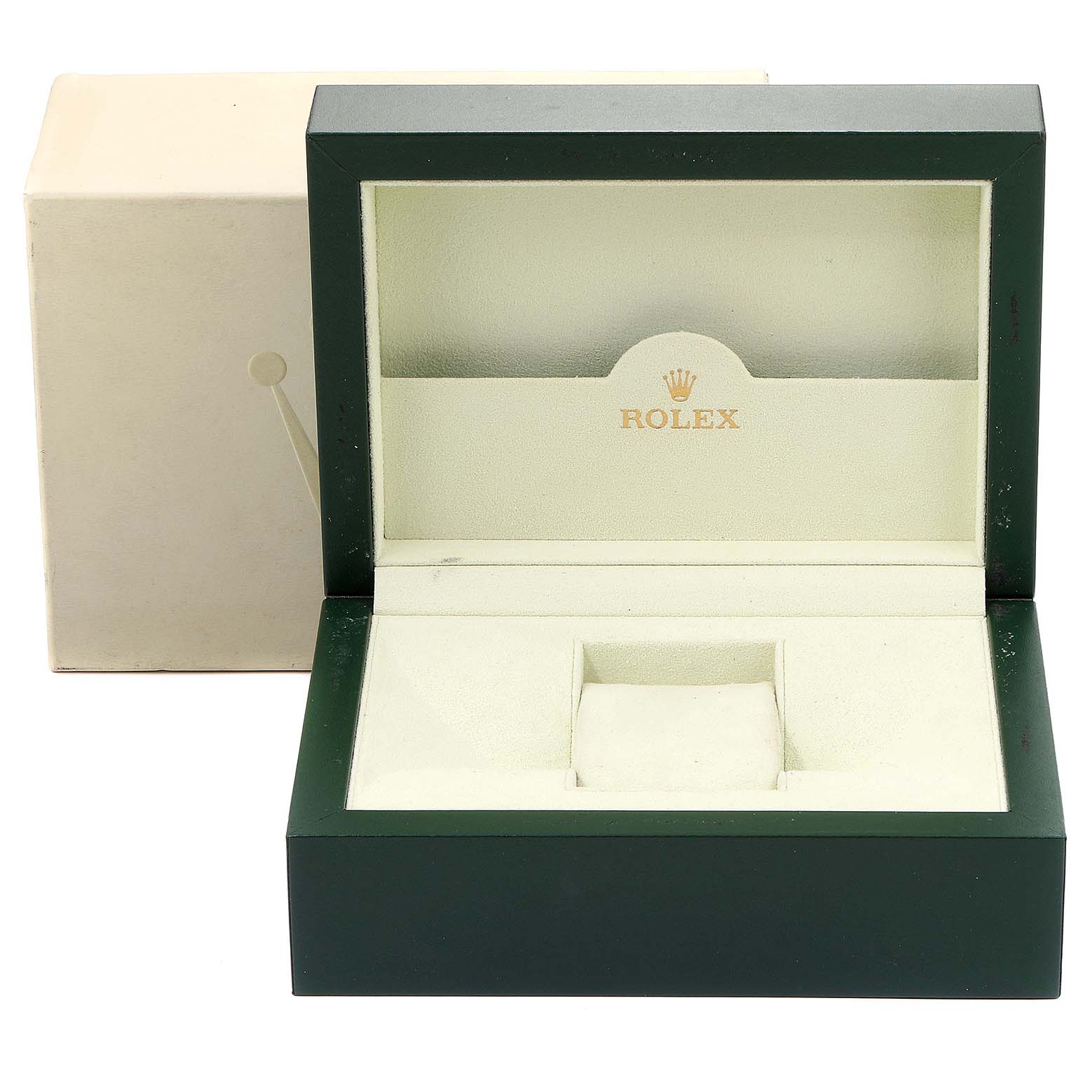 The image shows an open Rolex Yacht-Master 116681 Men's Steel and Gold (two tone) White Dial 116681 Men's Steel and Gold (two tone) White Dial watch box with the inner cream cushion and cover visible.