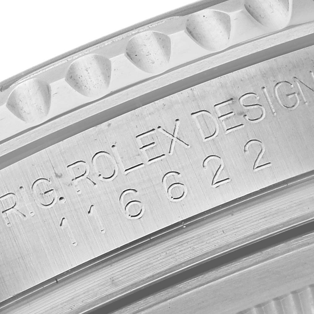 This close-up shows the side engraving on the bezel of the Rolex Yacht-Master 116622 Men's Stainless Steel Silver Dial 116622 Men's Stainless Steel Silver Dial watch, highlighting its details.