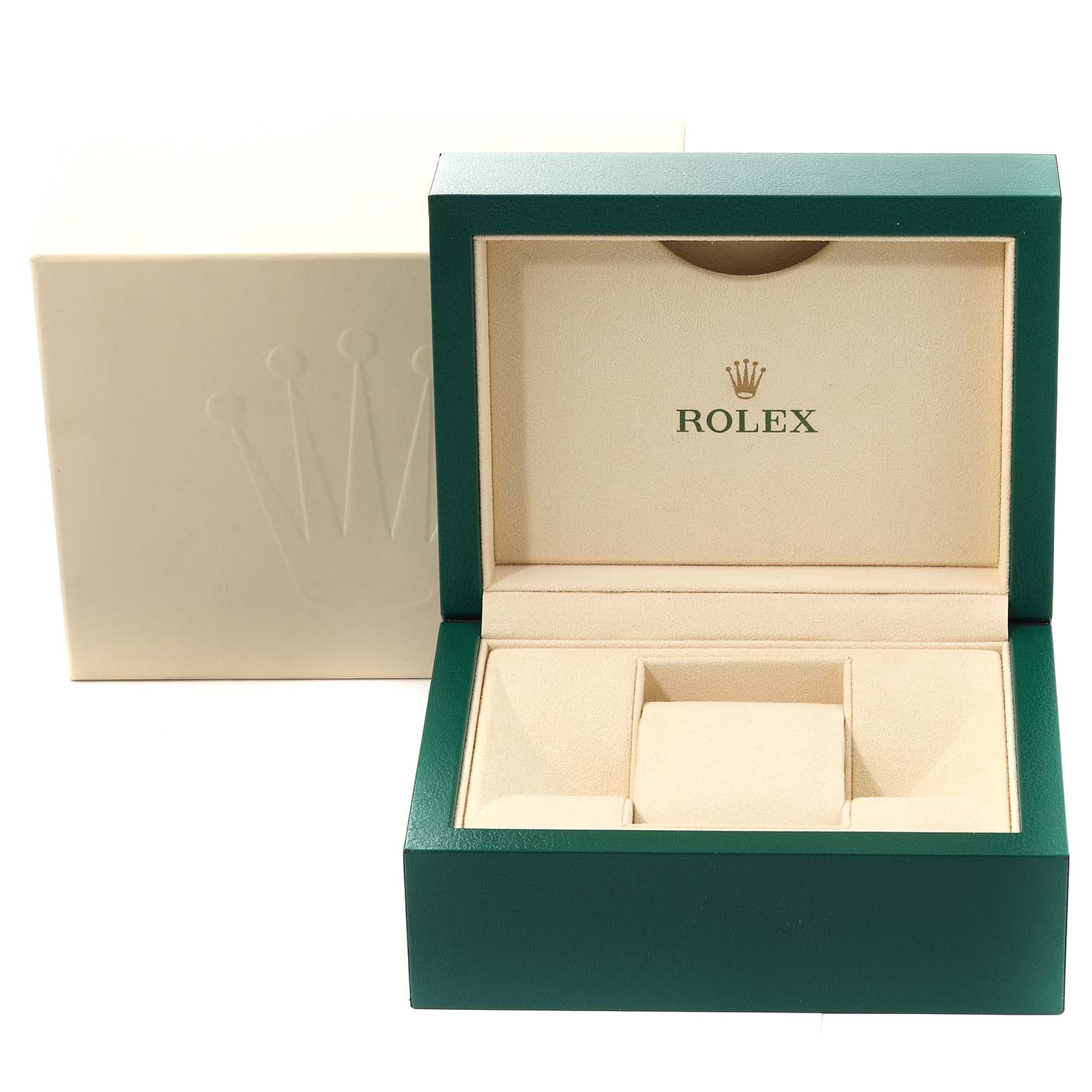 The image shows an open Rolex Yacht-Master 116622 Men's Stainless Steel Silver Dial 116622 Men's Stainless Steel Silver Dial watch box and outer packaging from a frontal angle.