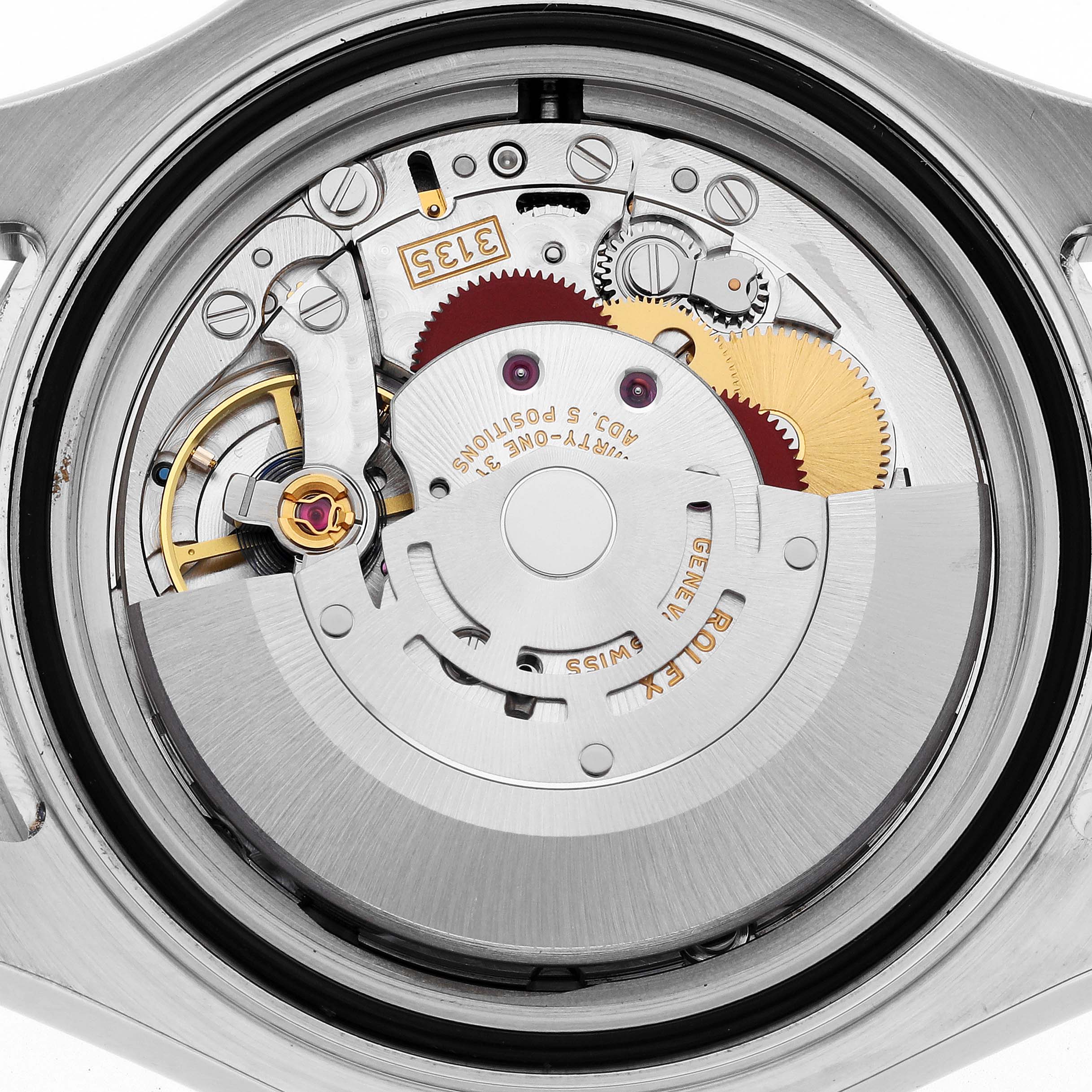 This close-up shows the intricate internal mechanism of the Rolex Yacht-Master 116622 Men's Stainless Steel Silver Dial 116622 Men's Stainless Steel Silver Dial watch, highlighting gears and movement components.