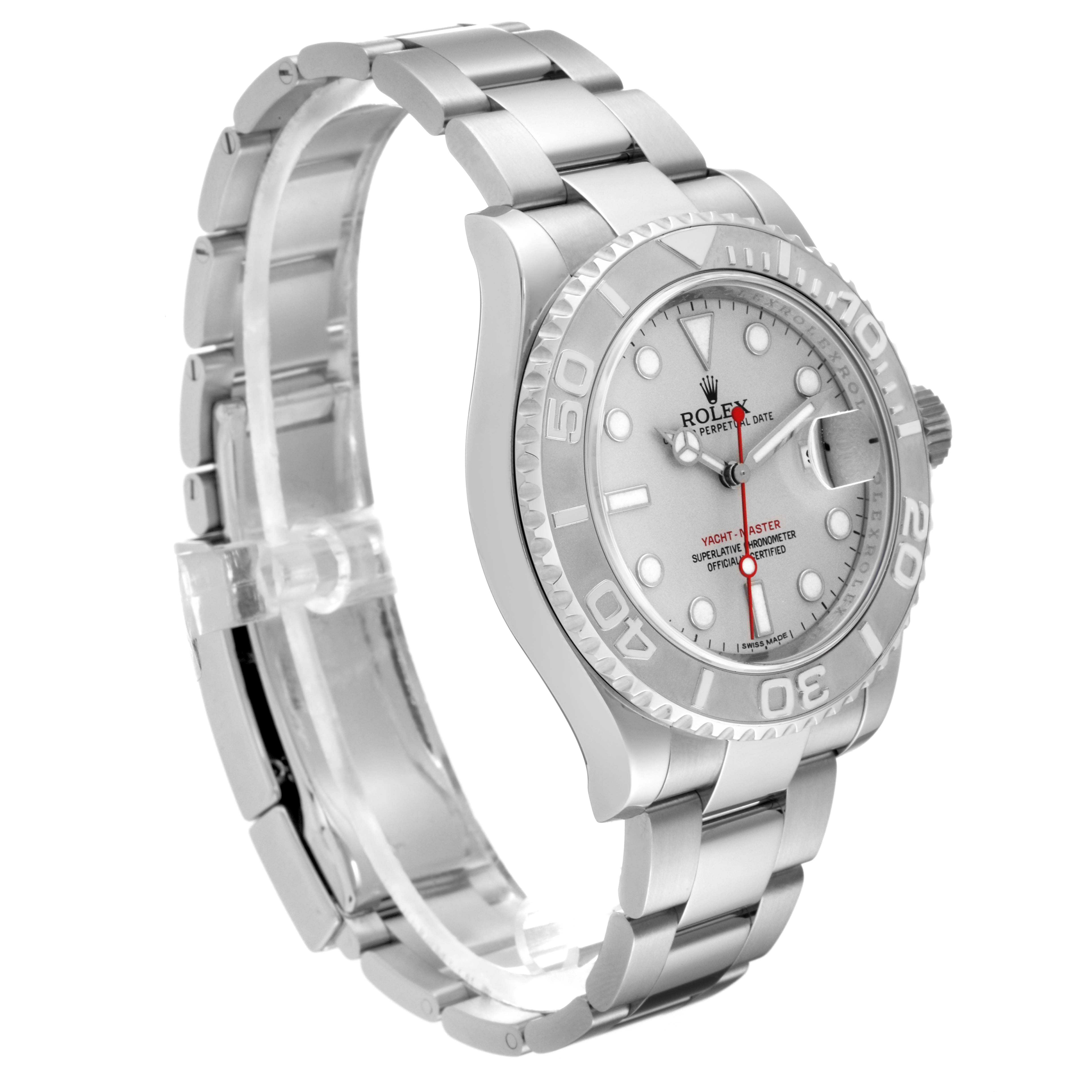 The Rolex Yacht-Master 116622 Men's Stainless Steel Silver Dial 116622 Men's Stainless Steel Silver Dial watch is shown at a three-quarter angle, displaying its face, bezel, and stainless steel bracelet.
