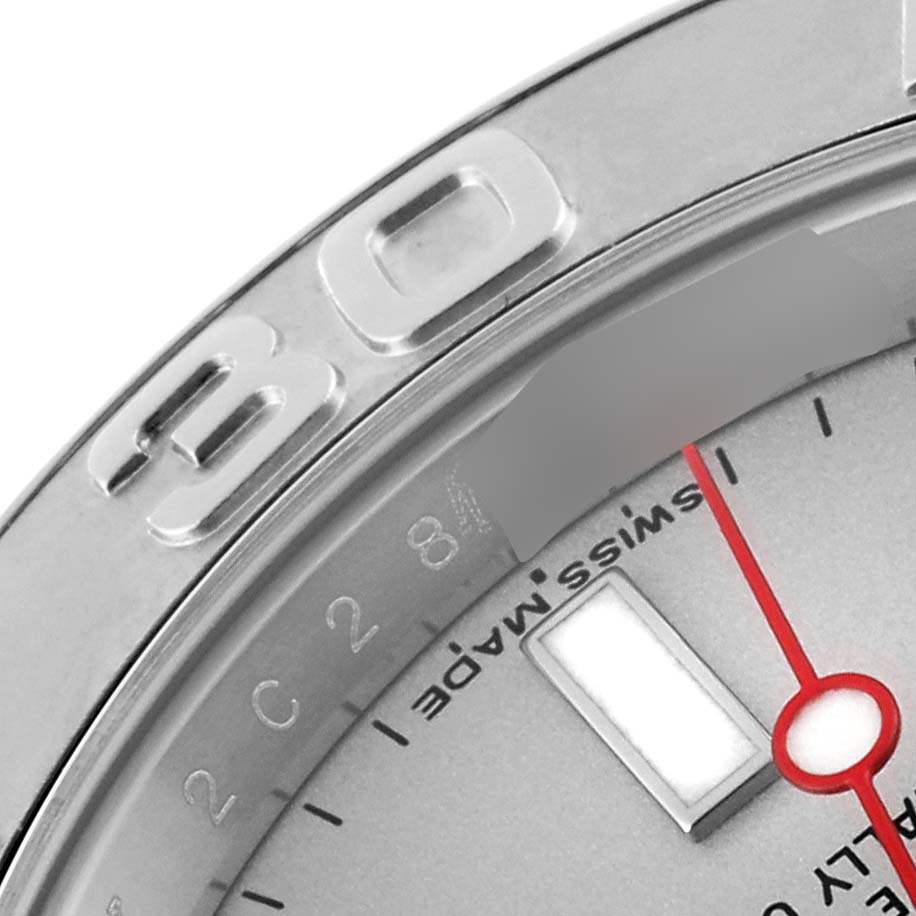 The image shows a close-up of the bezel, dial, and minute hand of the Rolex Yacht-Master 116622 Men's Stainless Steel Silver Dial 116622 Men's Stainless Steel Silver Dial watch.