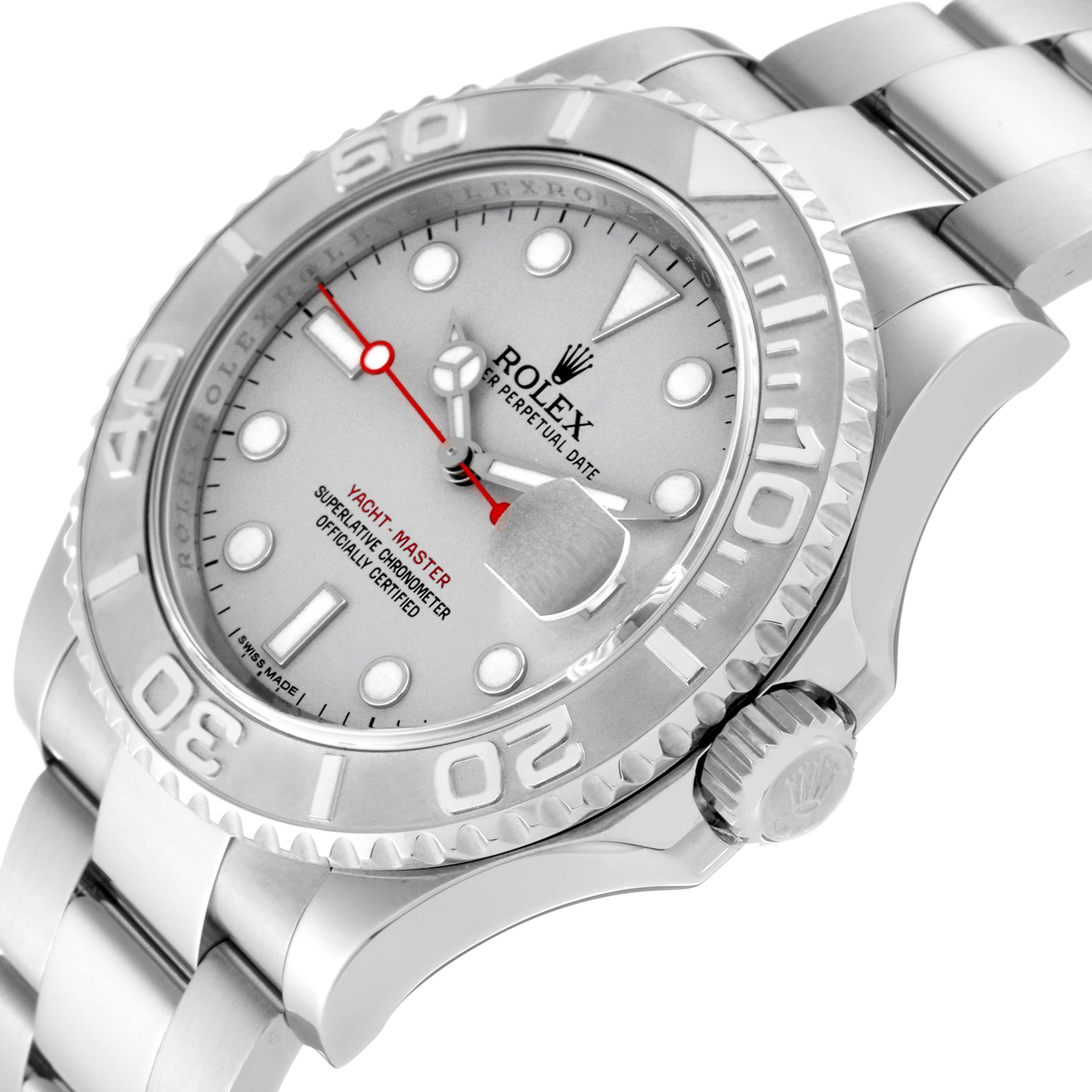 This image shows a close-up, angled view of the Rolex Yacht-Master 116622 Men's Stainless Steel Silver Dial 116622 Men's Stainless Steel Silver Dial watch, highlighting the face, bezel, crown, and part of the bracelet.