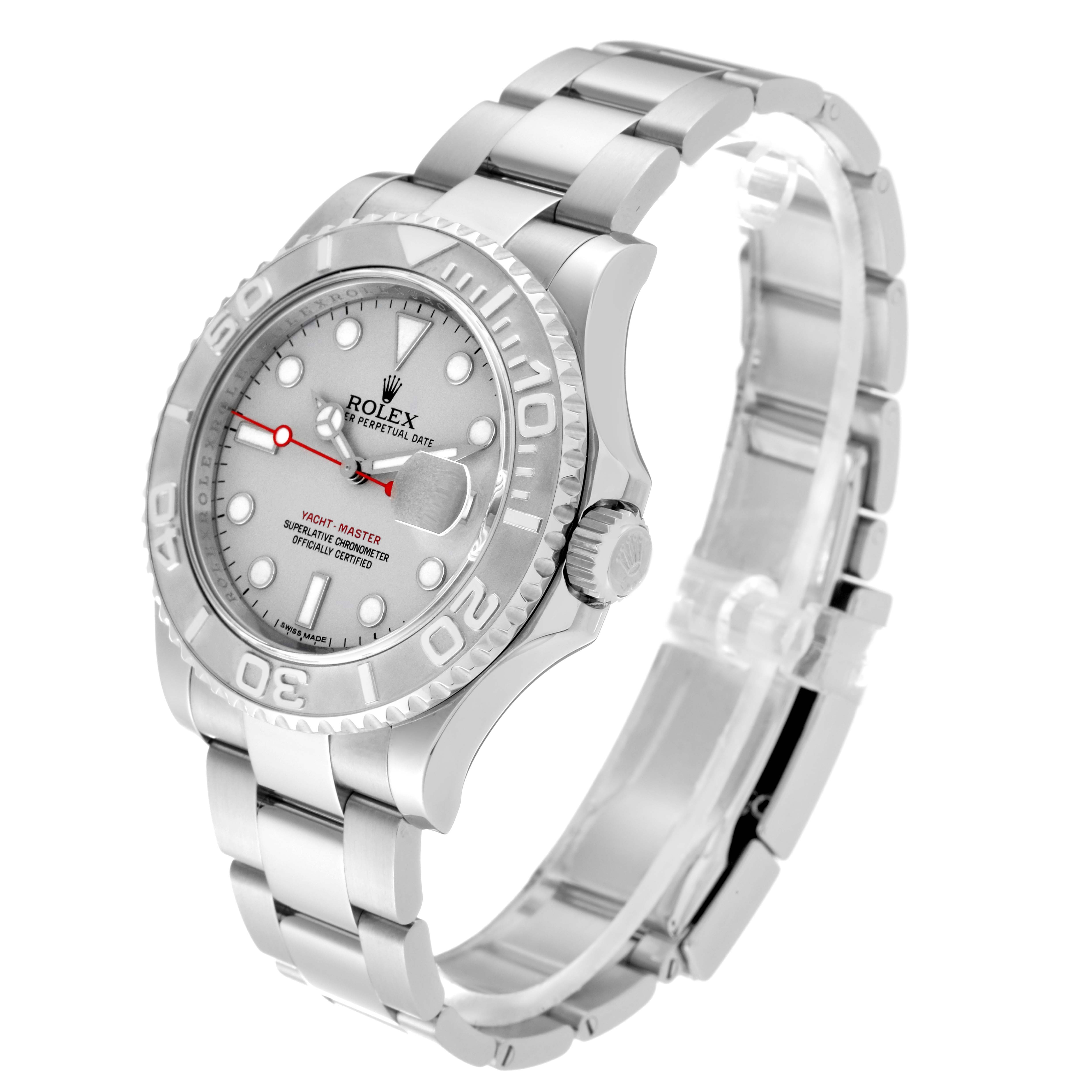 The Rolex Yacht-Master 116622 Men's Stainless Steel Silver Dial 116622 Men's Stainless Steel Silver Dial watch is shown at a slight angle, displaying the face, bezel, crown, and bracelet.