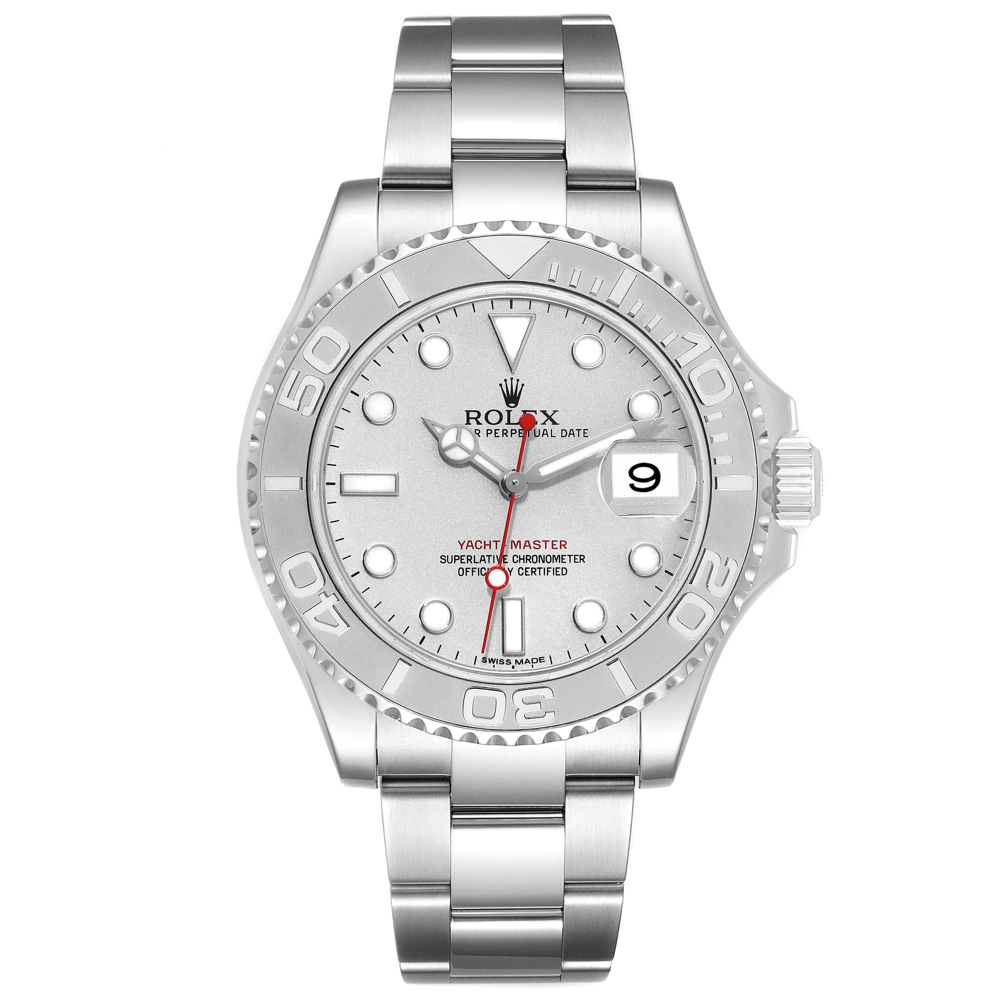 The image shows a front view of a Rolex Yacht-Master 116622 Men's Stainless Steel Silver Dial 116622 Men's Stainless Steel Silver Dial with a silver dial, date display, and stainless steel bracelet.