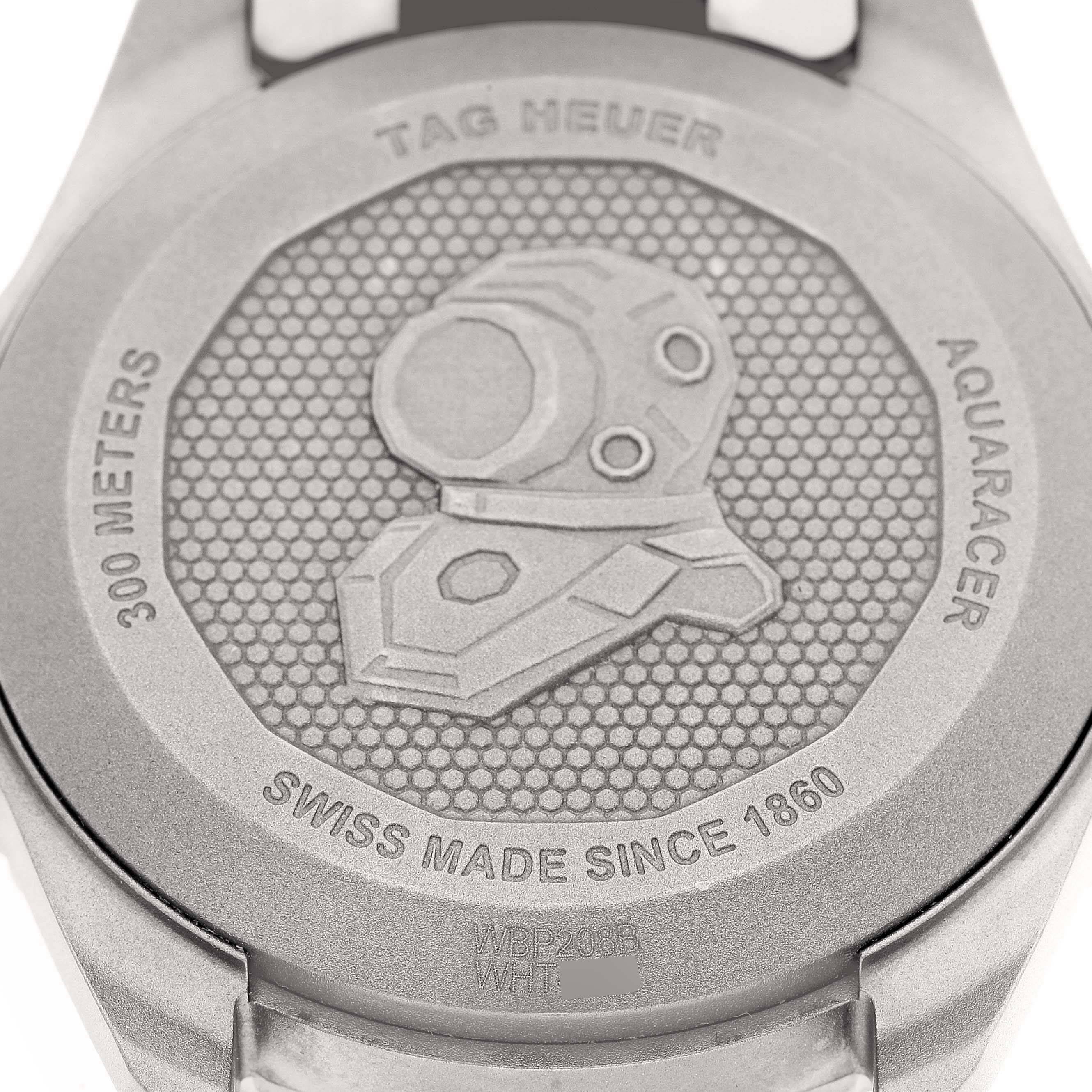 This image shows the back case of the Tag Heuer Aquaracer WBP208B.BF0631 Men's Titanium Green Dial WBP208B.BF0631 Men's Titanium Green Dial watch, displaying its engravings and design details.
