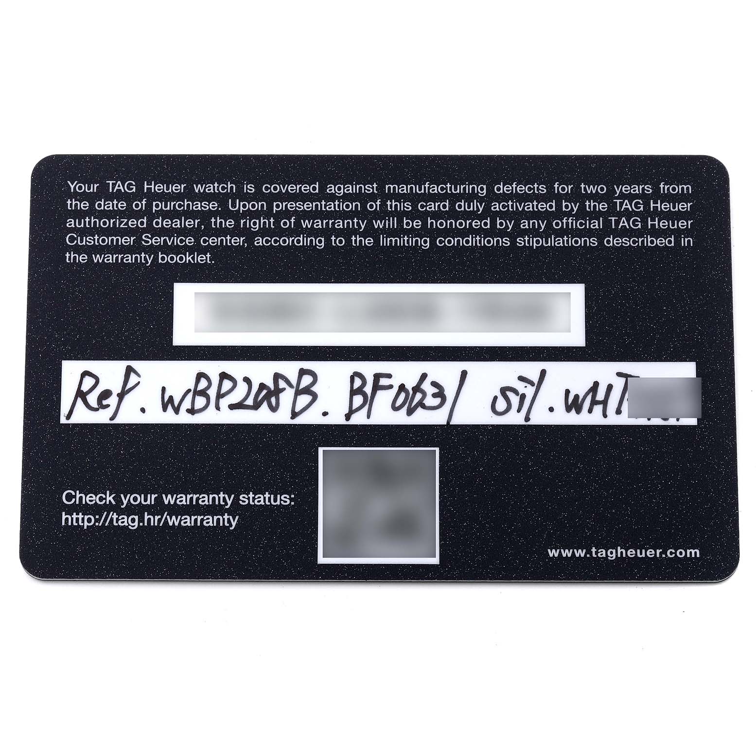 The image shows the warranty card for a Tag Heuer Aquaracer WBP208B.BF0631 Men's Titanium Green Dial WBP208B.BF0631 Men's Titanium Green Dial watch.