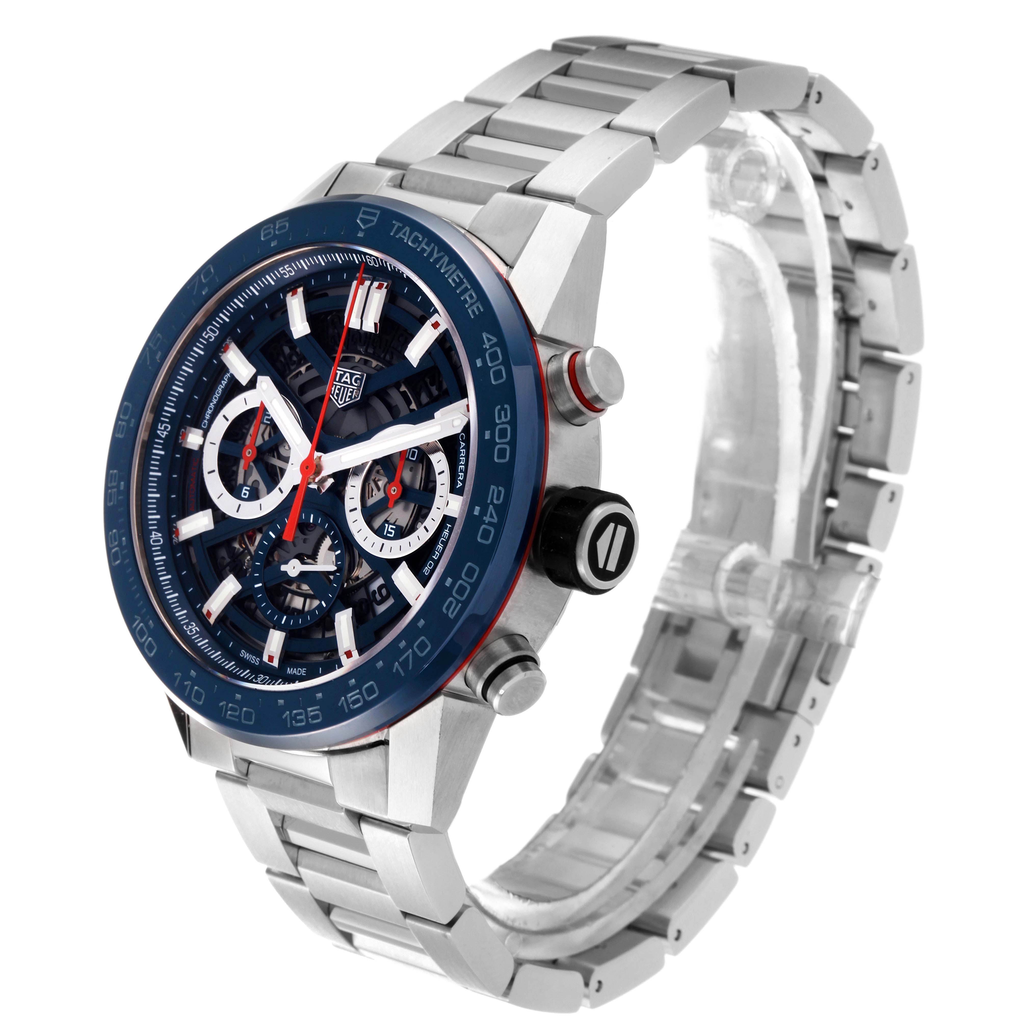 The image shows a side-angle view of the Tag Heuer Carrera CBG2A11.BA0654 Men's Stainless Steel Blue Dial CBG2A11.BA0654 Men's Stainless Steel Blue Dial model, highlighting the face, bezel, and stainless steel bracelet.