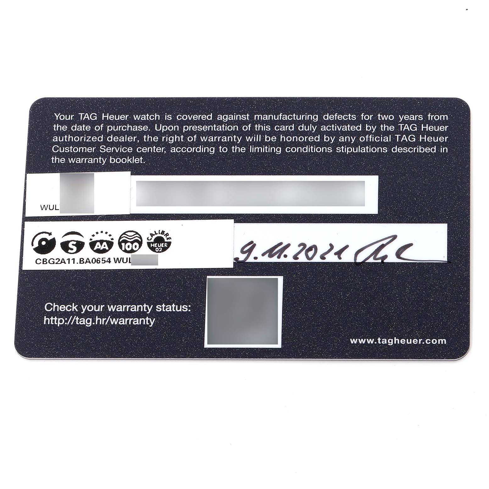 The image shows the warranty card for the Tag Heuer Carrera CBG2A11.BA0654 Men's Stainless Steel Blue Dial CBG2A11.BA0654 Men's Stainless Steel Blue Dial model watch, including the purchase date and serial number.