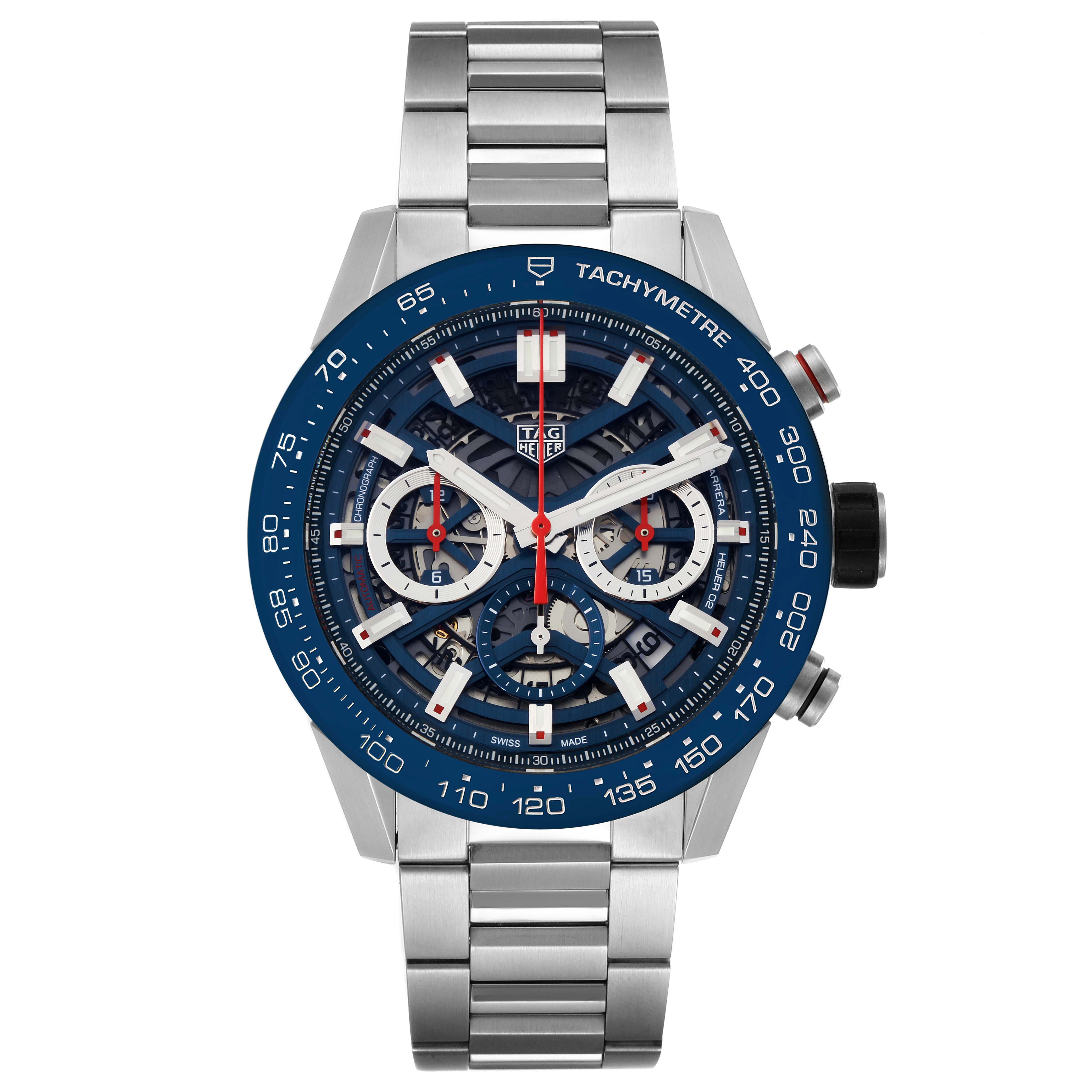 The image shows a frontal view of the Tag Heuer Carrera CBG2A11.BA0654 Men's Stainless Steel Blue Dial CBG2A11.BA0654 Men's Stainless Steel Blue Dial watch, highlighting the face, chronograph dials, and stainless steel bracelet.
