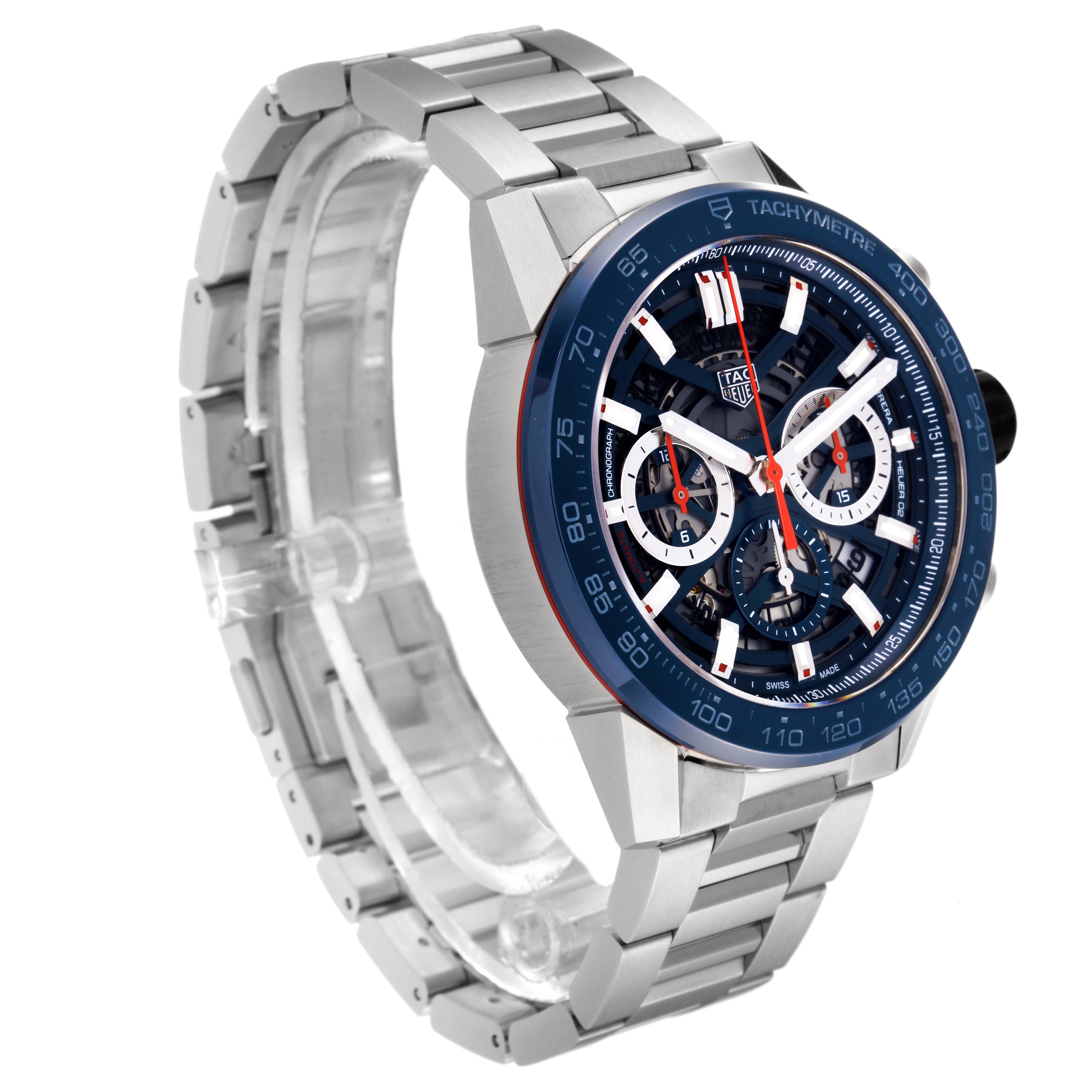 The image shows a side angle of the Tag Heuer Carrera CBG2A11.BA0654 Men's Stainless Steel Blue Dial CBG2A11.BA0654 Men's Stainless Steel Blue Dial watch, highlighting its face, bezel, and metal bracelet.