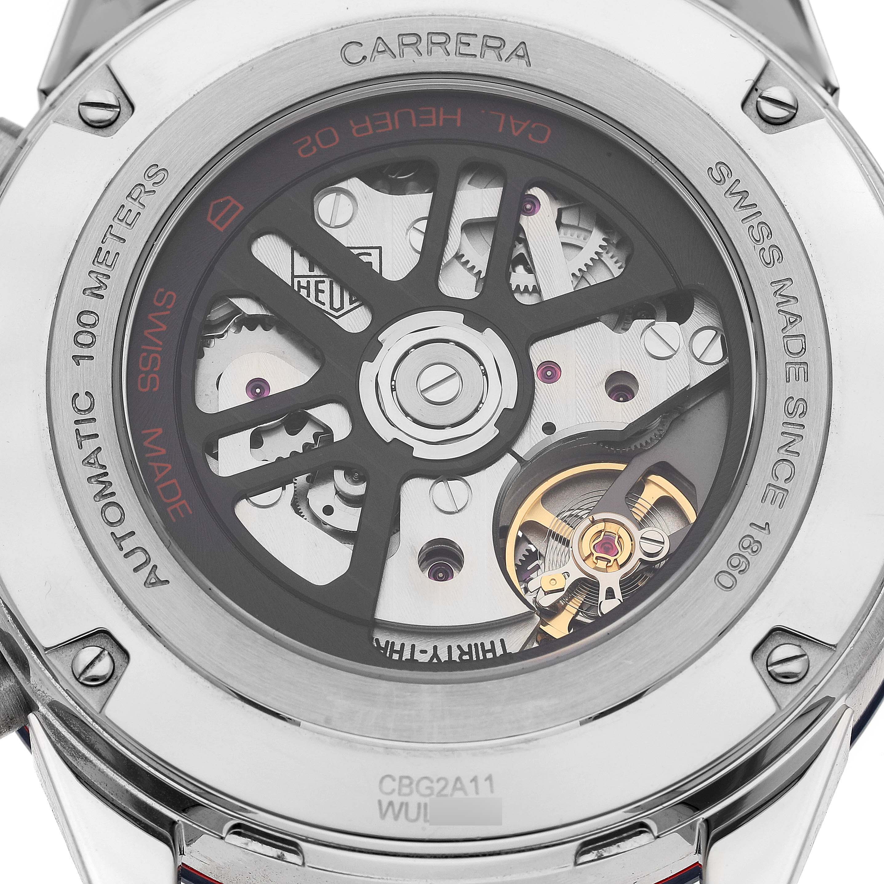 The image shows the back view of a Tag Heuer Carrera CBG2A11.BA0654 Men's Stainless Steel Blue Dial CBG2A11.BA0654 Men's Stainless Steel Blue Dial watch, revealing its intricate automatic movement and inner workings.