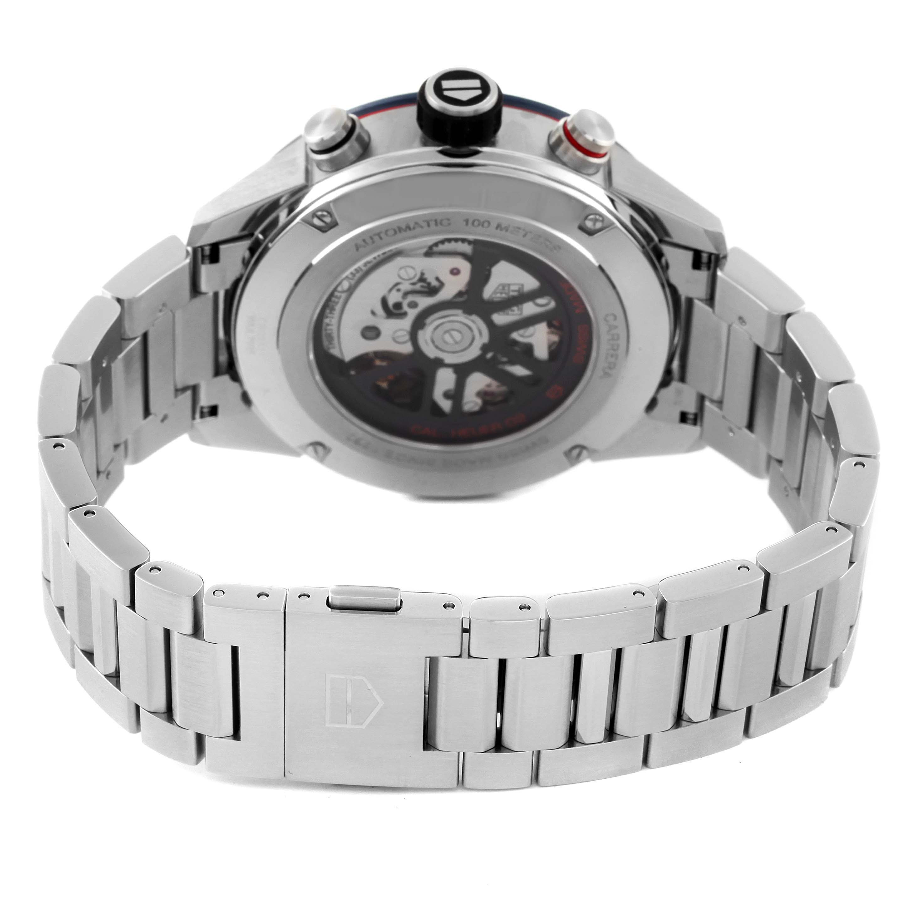 The image shows the back view of a Tag Heuer Carrera CBG2A11.BA0654 Men's Stainless Steel Blue Dial CBG2A11.BA0654 Men's Stainless Steel Blue Dial watch, highlighting the case back and stainless steel bracelet.