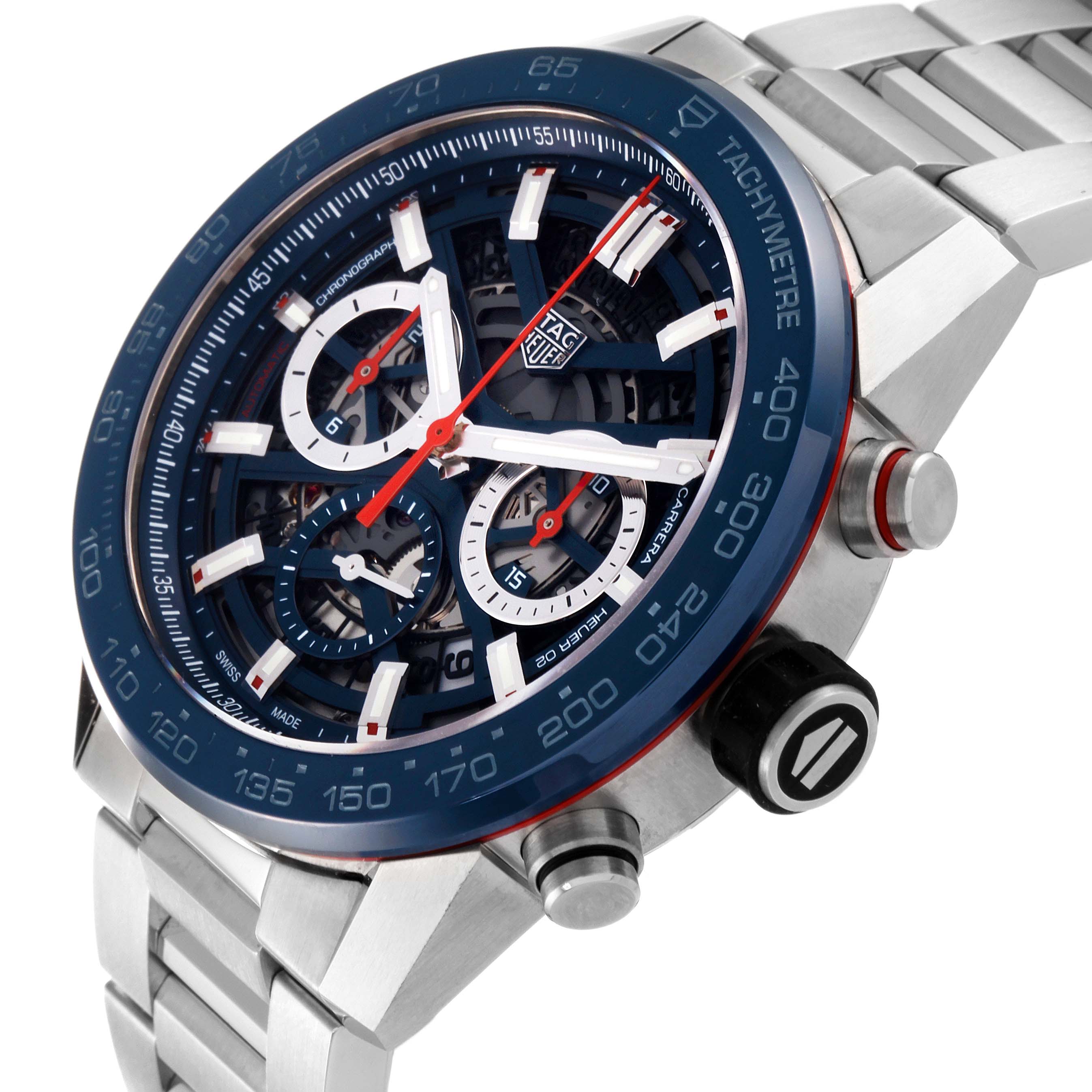 The image shows a Tag Heuer Carrera CBG2A11.BA0654 Men's Stainless Steel Blue Dial CBG2A11.BA0654 Men's Stainless Steel Blue Dial watch at an angle highlighting its face, chronograph dials, tachymeter bezel, crown, and pushers.