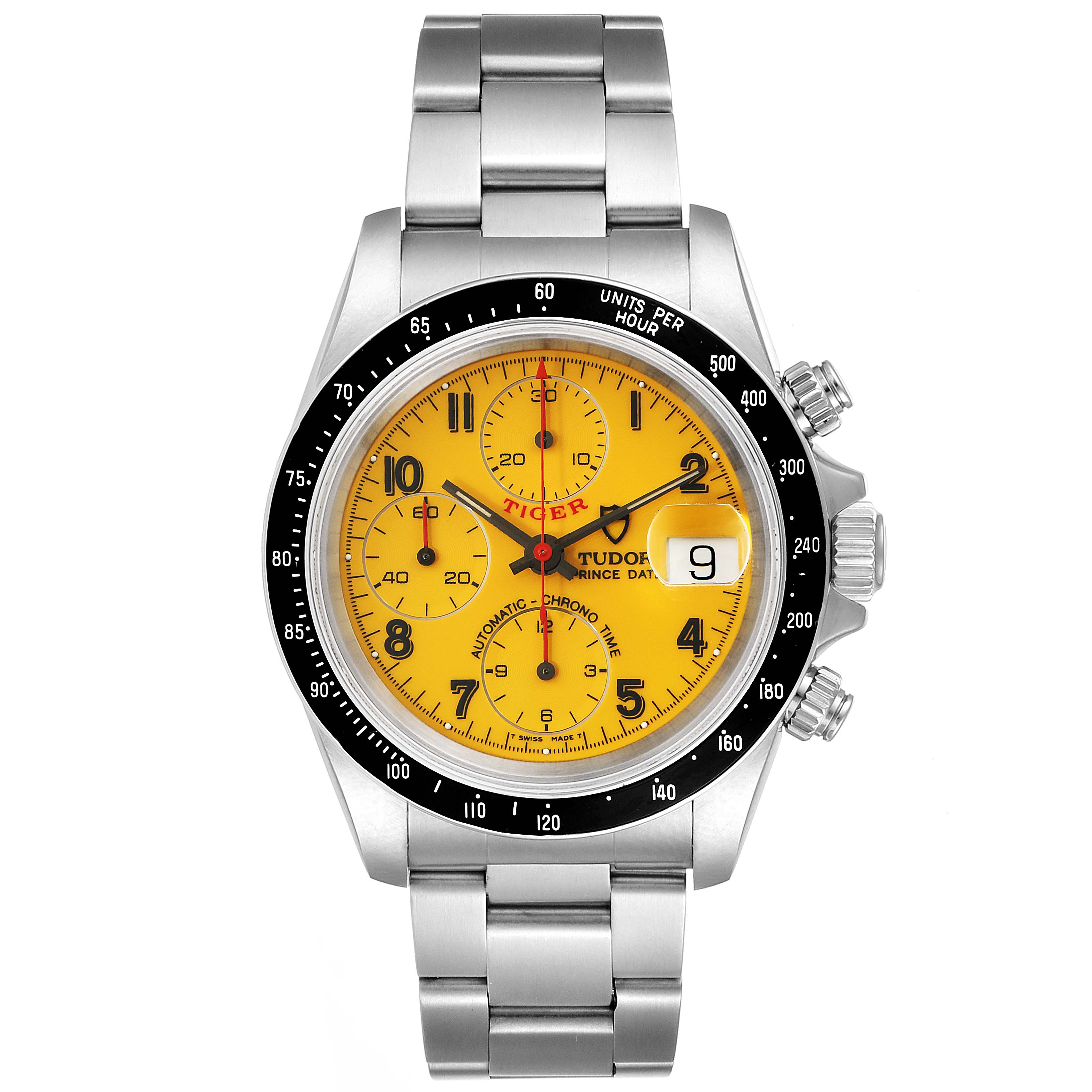 The image shows a front view of the Tudor Tiger 79260 Men's Stainless Steel Yellow Dial 79260 Men's Stainless Steel Yellow Dial model watch featuring a yellow dial with a stainless steel bracelet.