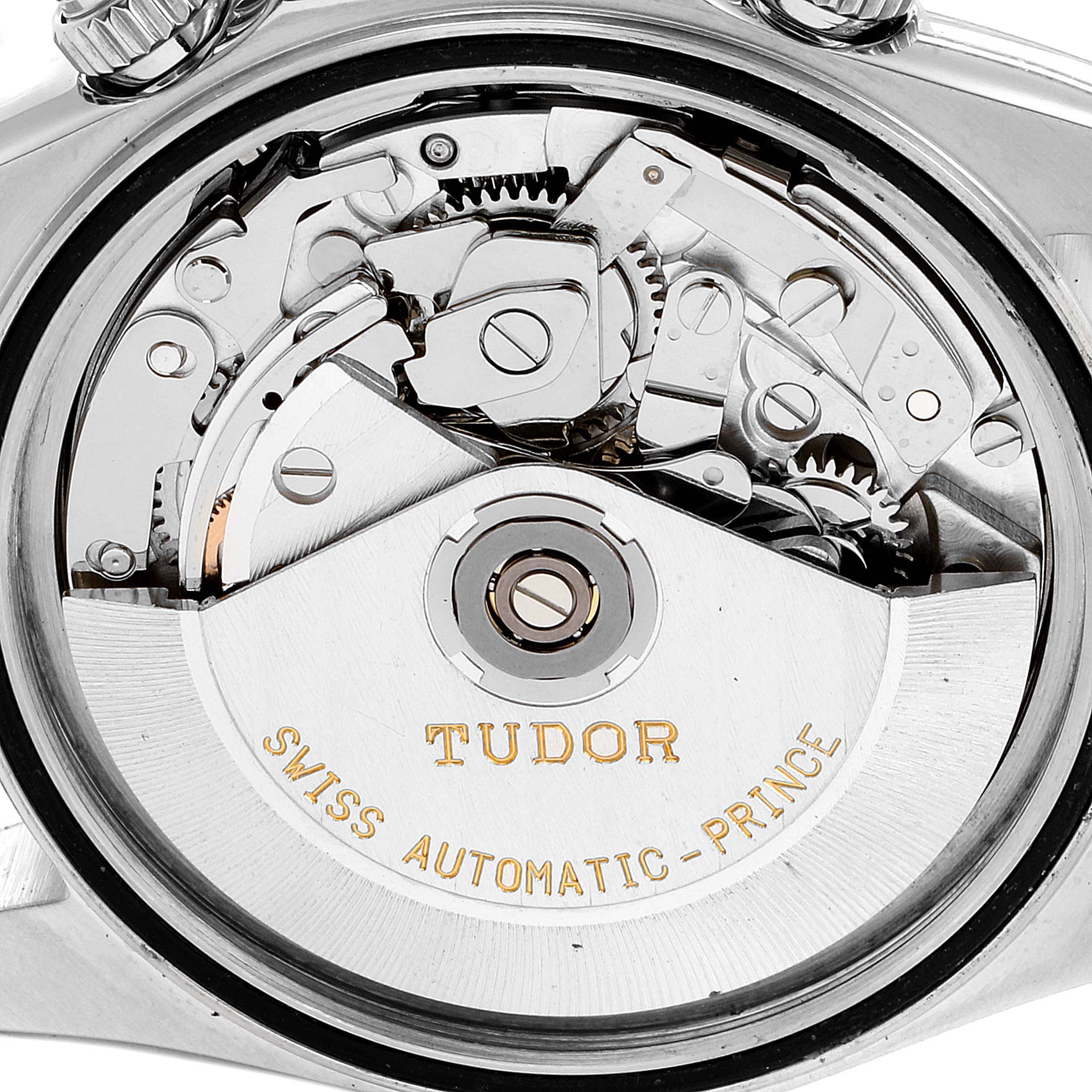 This image shows the internal movement mechanism of the Tudor Tiger 79260 Men's Stainless Steel Yellow Dial 79260 Men's Stainless Steel Yellow Dial model watch, including gears and the automatic rotor.