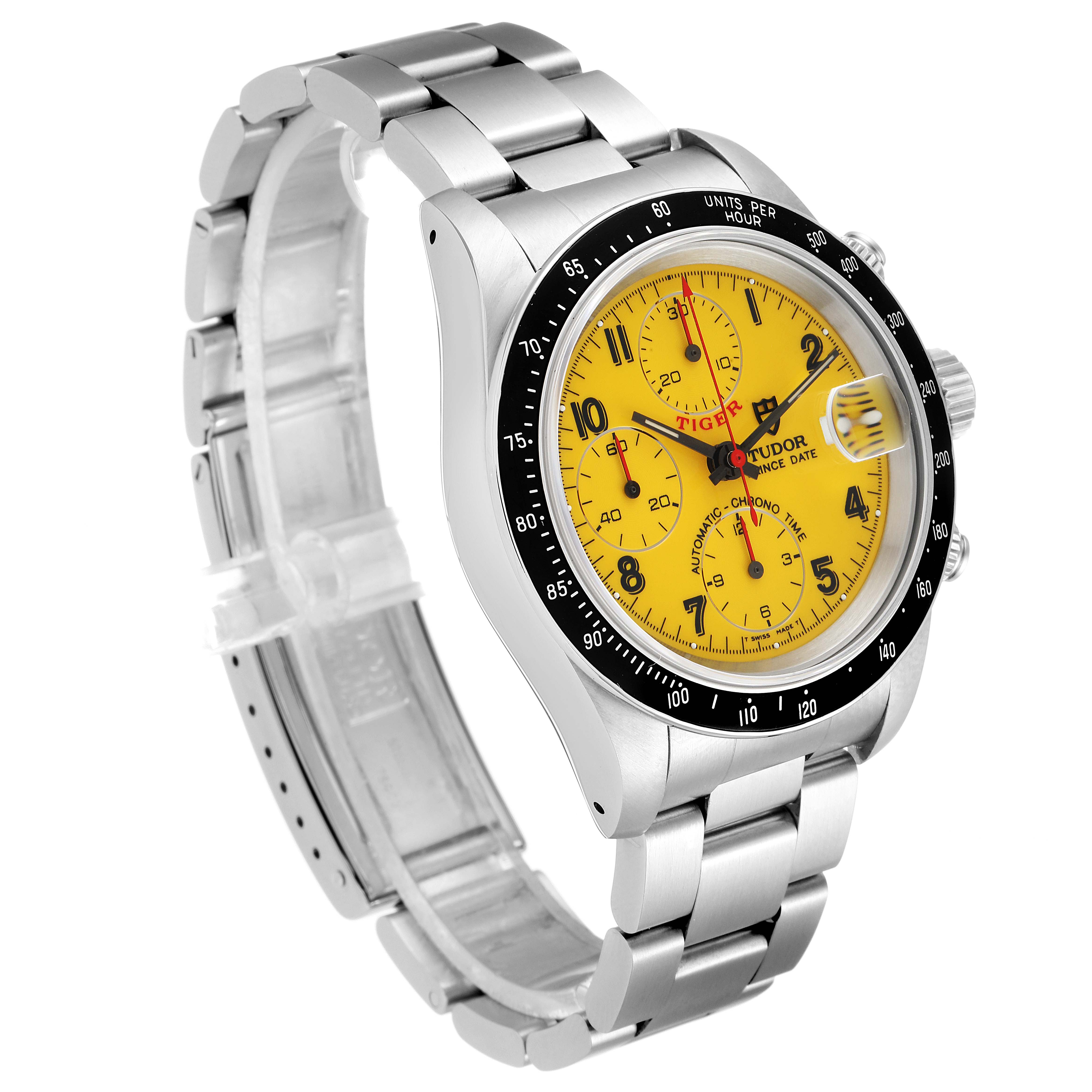 The Tudor Tiger 79260 Men's Stainless Steel Yellow Dial 79260 Men's Stainless Steel Yellow Dial model watch is shown at an angled side view, displaying its yellow dial, bezel, and metal bracelet.