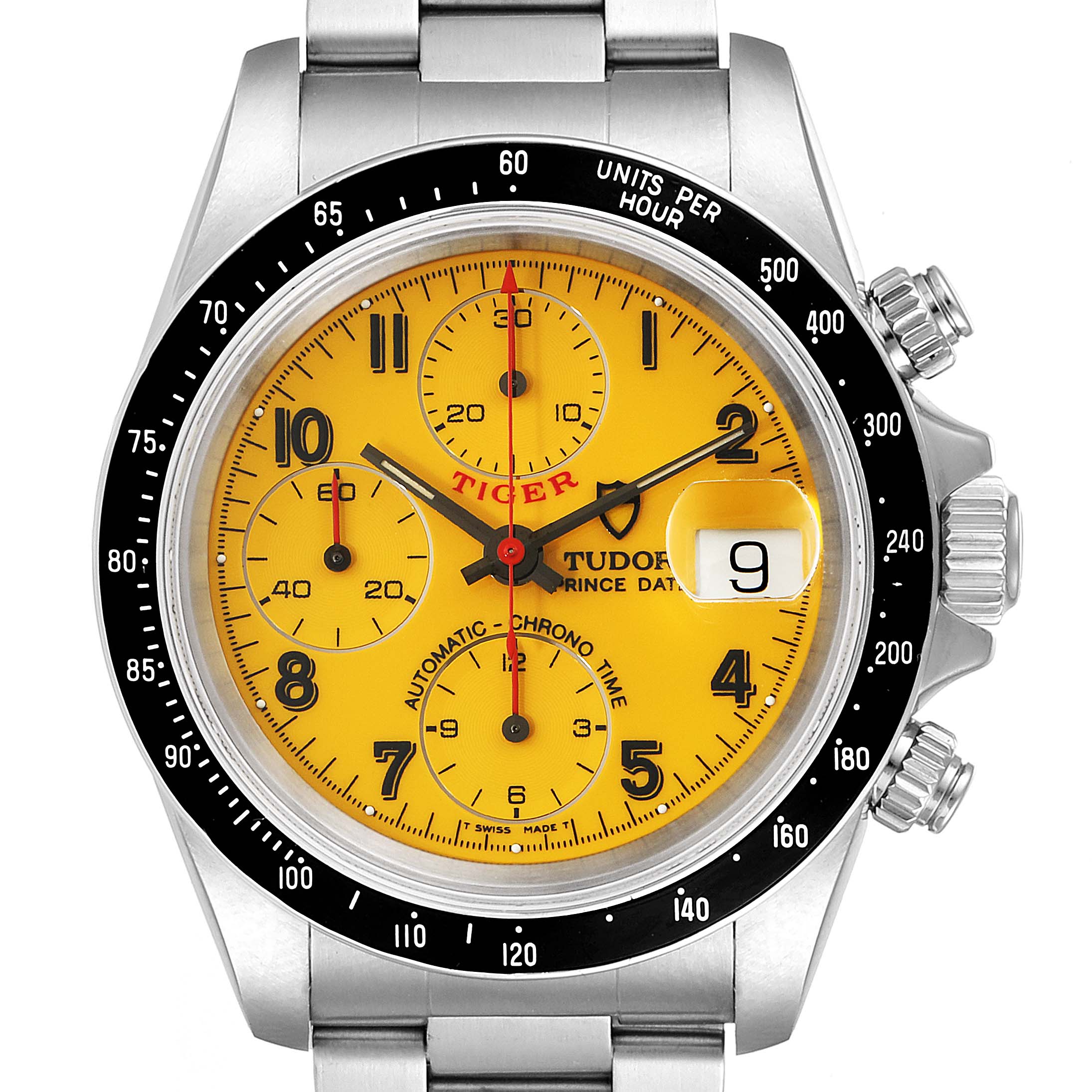 This image shows a front view of the Tudor Tiger 79260 Men's Stainless Steel Yellow Dial 79260 Men's Stainless Steel Yellow Dial model watch, displaying the dial, bezel, crown, and part of the bracelet.