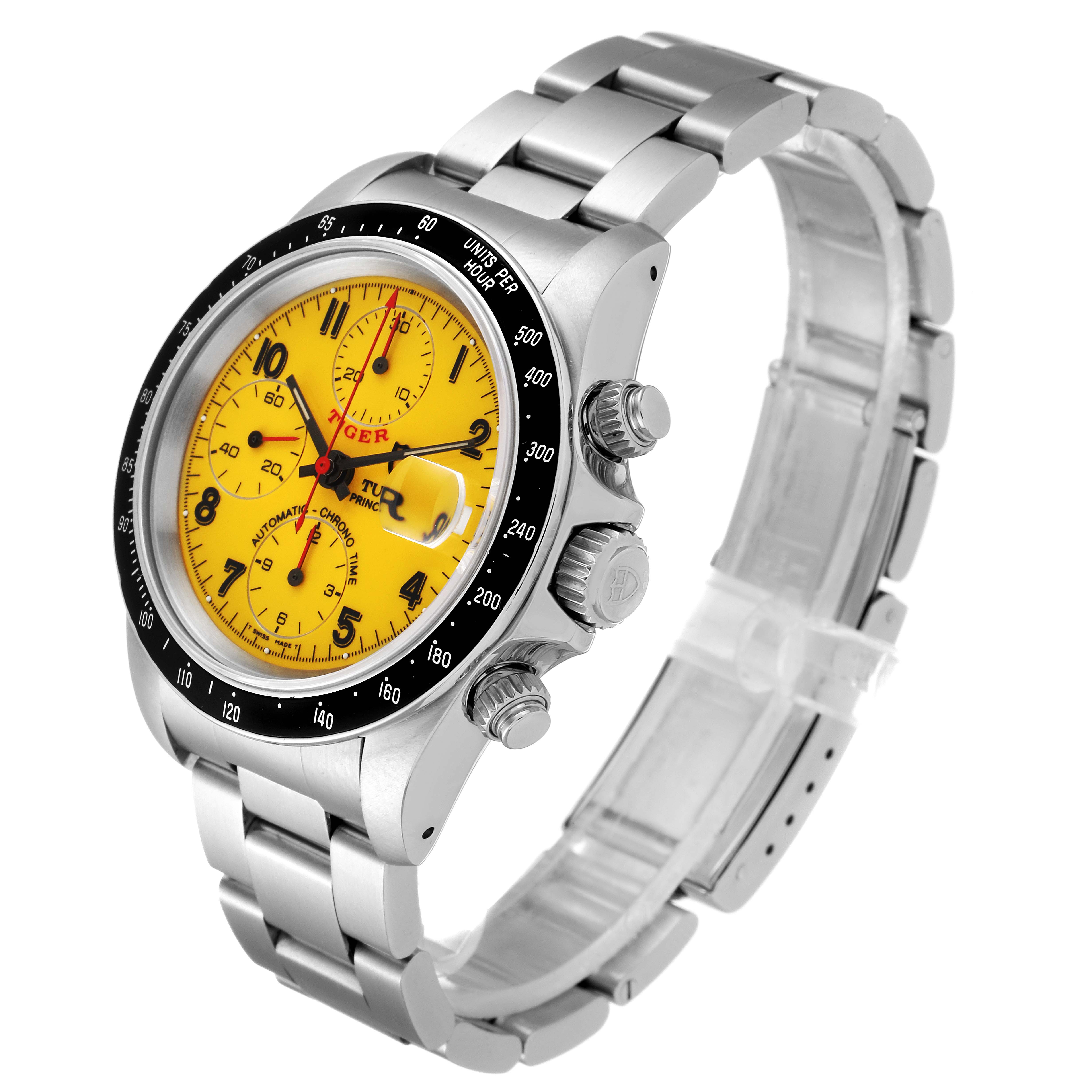 The image shows a side and front angle of the Tudor Tiger 79260 Men's Stainless Steel Yellow Dial 79260 Men's Stainless Steel Yellow Dial model watch, highlighting its yellow dial, bezel, crown, and bracelet.
