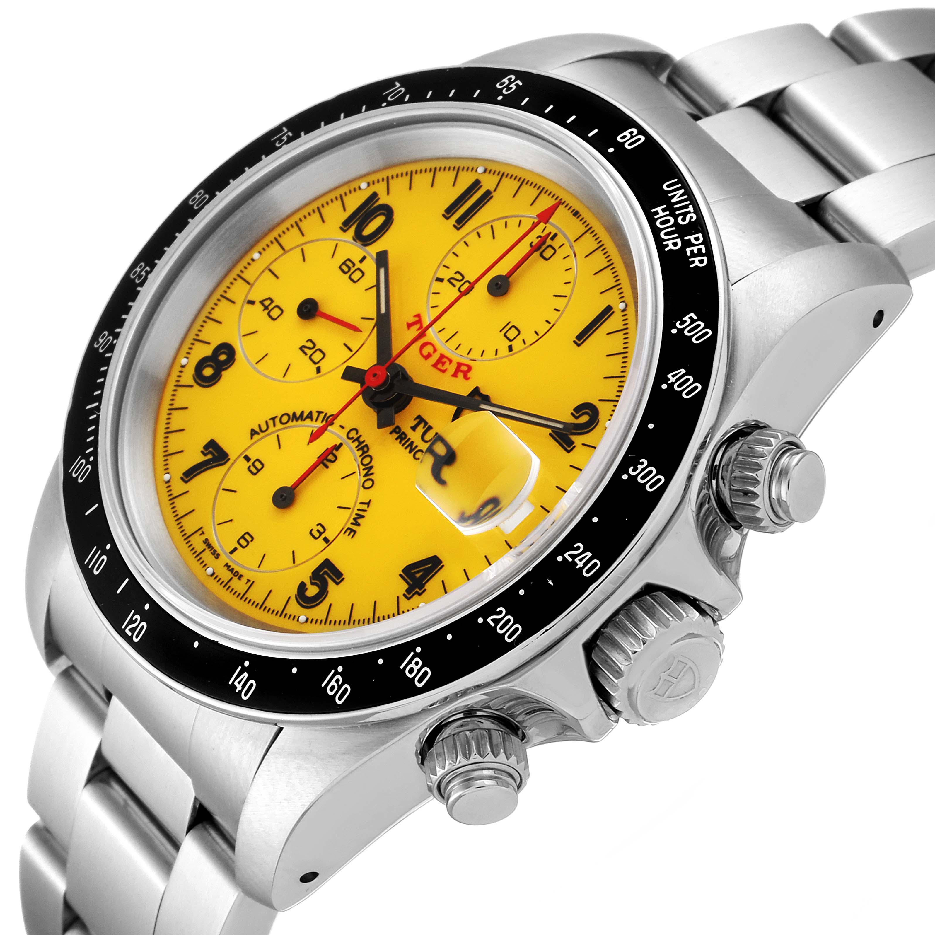 The image shows a Tudor Tiger 79260 Men's Stainless Steel Yellow Dial 79260 Men's Stainless Steel Yellow Dial model watch with a yellow dial, stainless steel case, and bracelet, viewed from a slight side angle.